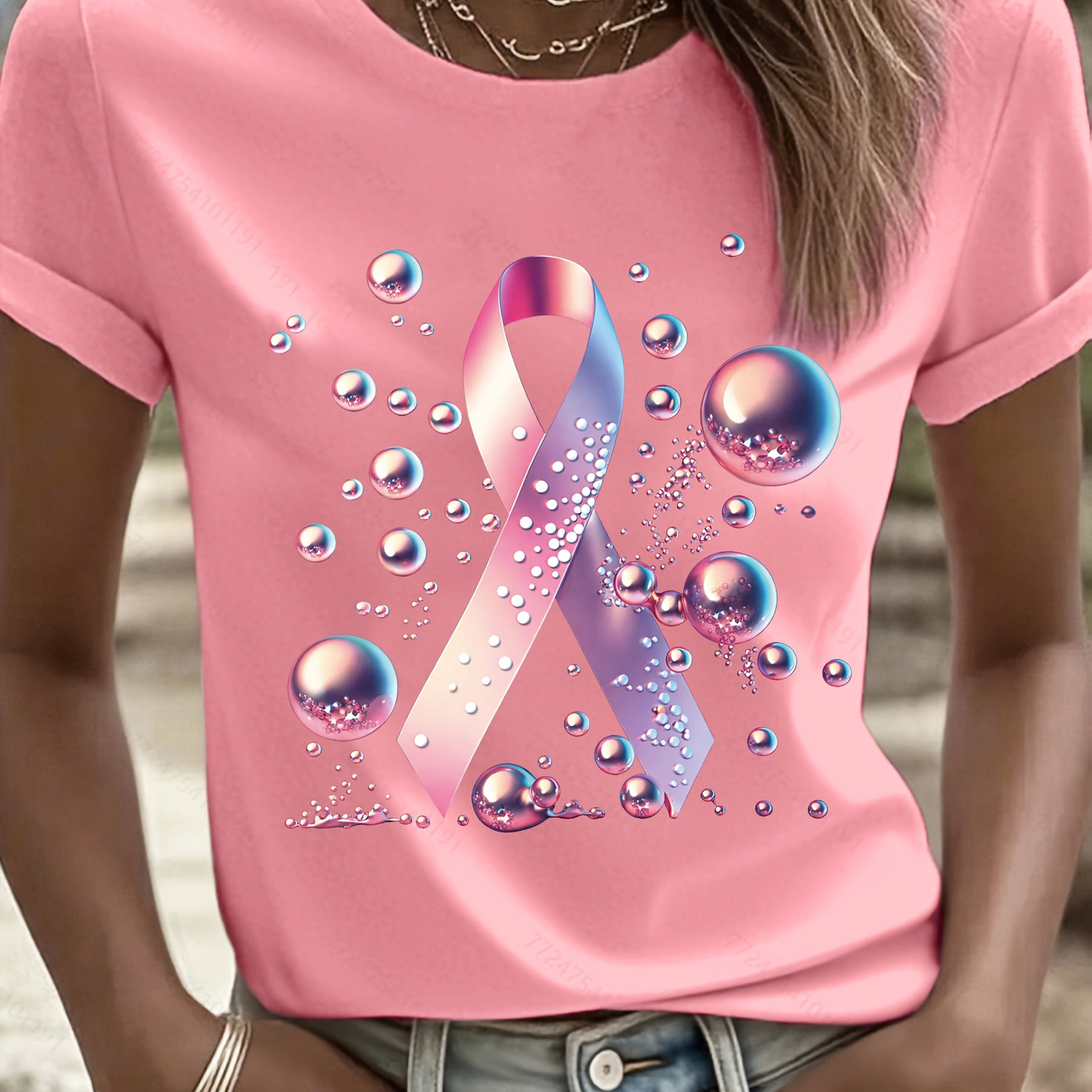 TEMU T-shirt rose de sensibilisation au du sein pour femmes avec ruban et imprimé - Haut décontracté à col rond pastel et blanc, chemise caritative,