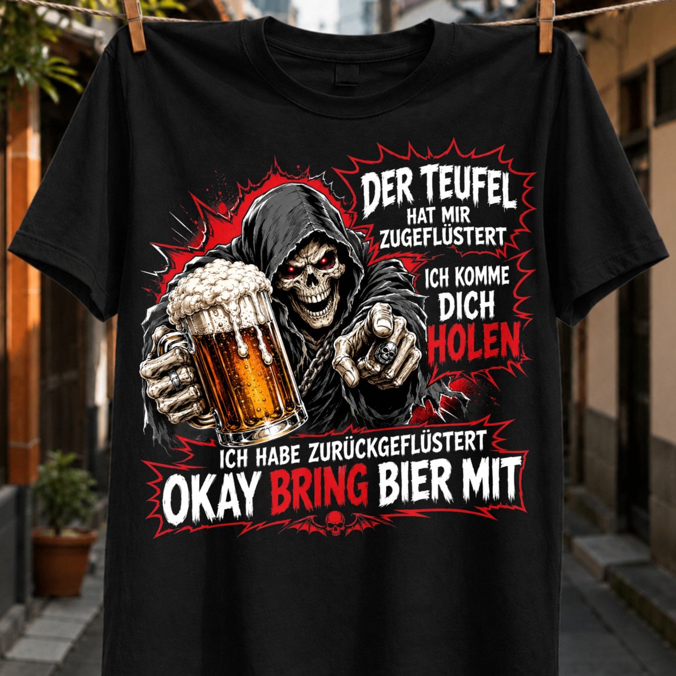 Image of Plus Size Der Teufel Beer Humor Detailed Reaper Holding A Foaming Beer Glass With German Devil Quote And Red Accents Unisex All T-shirt, Plus Size