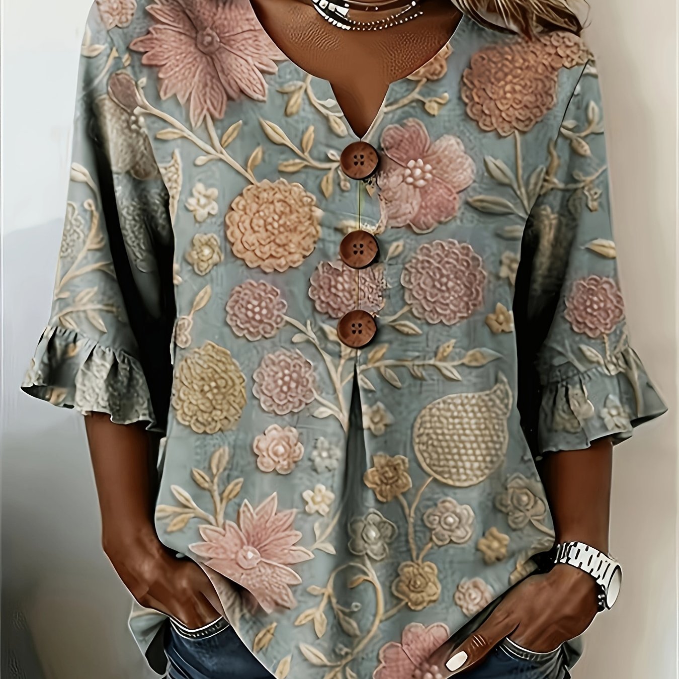 TEMU Plus Size - Plus Size - Women's Floral V-neck Short Sleeve Printed Retro Spring Summer Casual Top