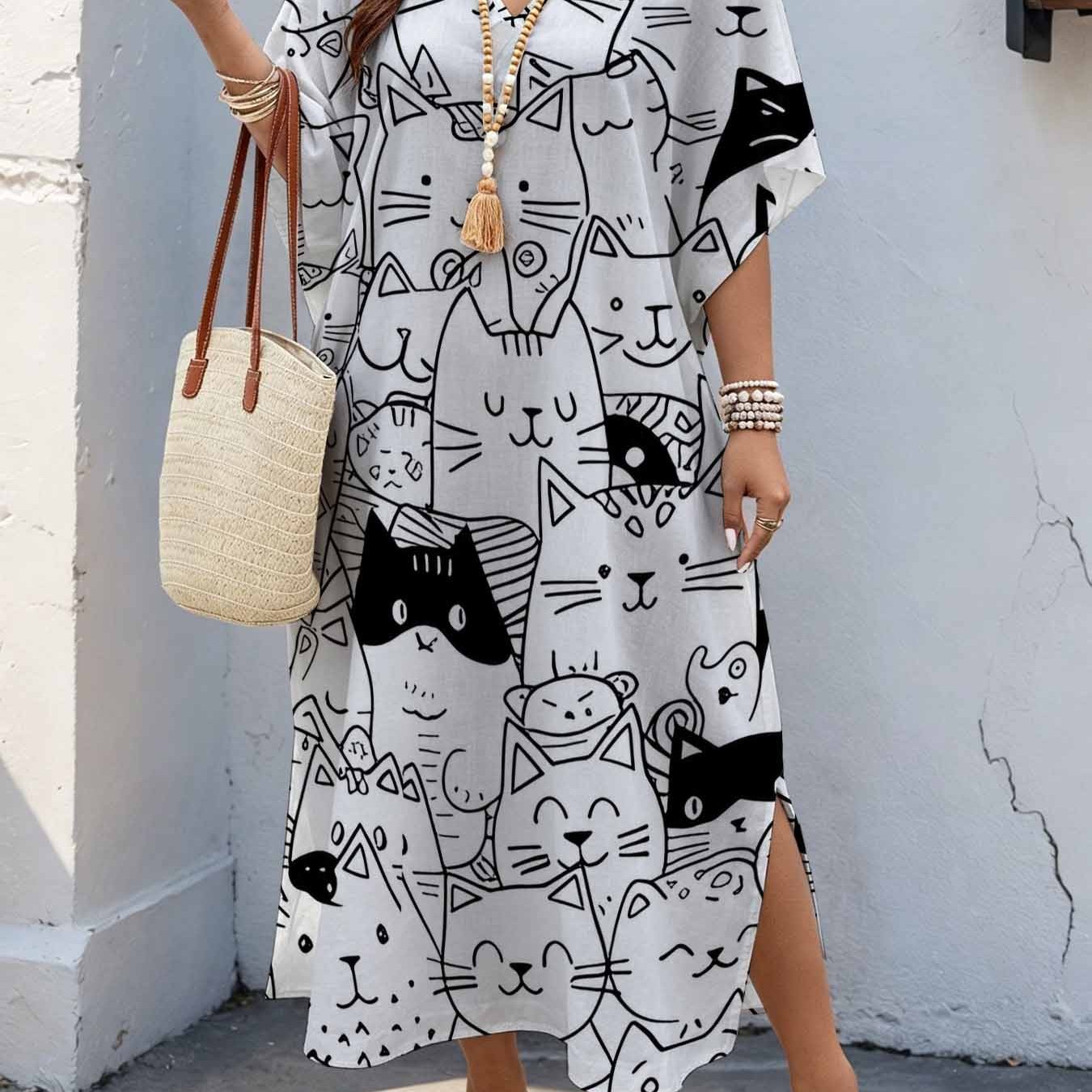 Image of Plus Size, Plus Size Women's 08xl Artistic Minimalist Style, Cute Cat Doodle Print Maxi Dress, Batwing Sleeve Dress With Double Side Slits, Loose Casual Summer Dress For Curvy Women