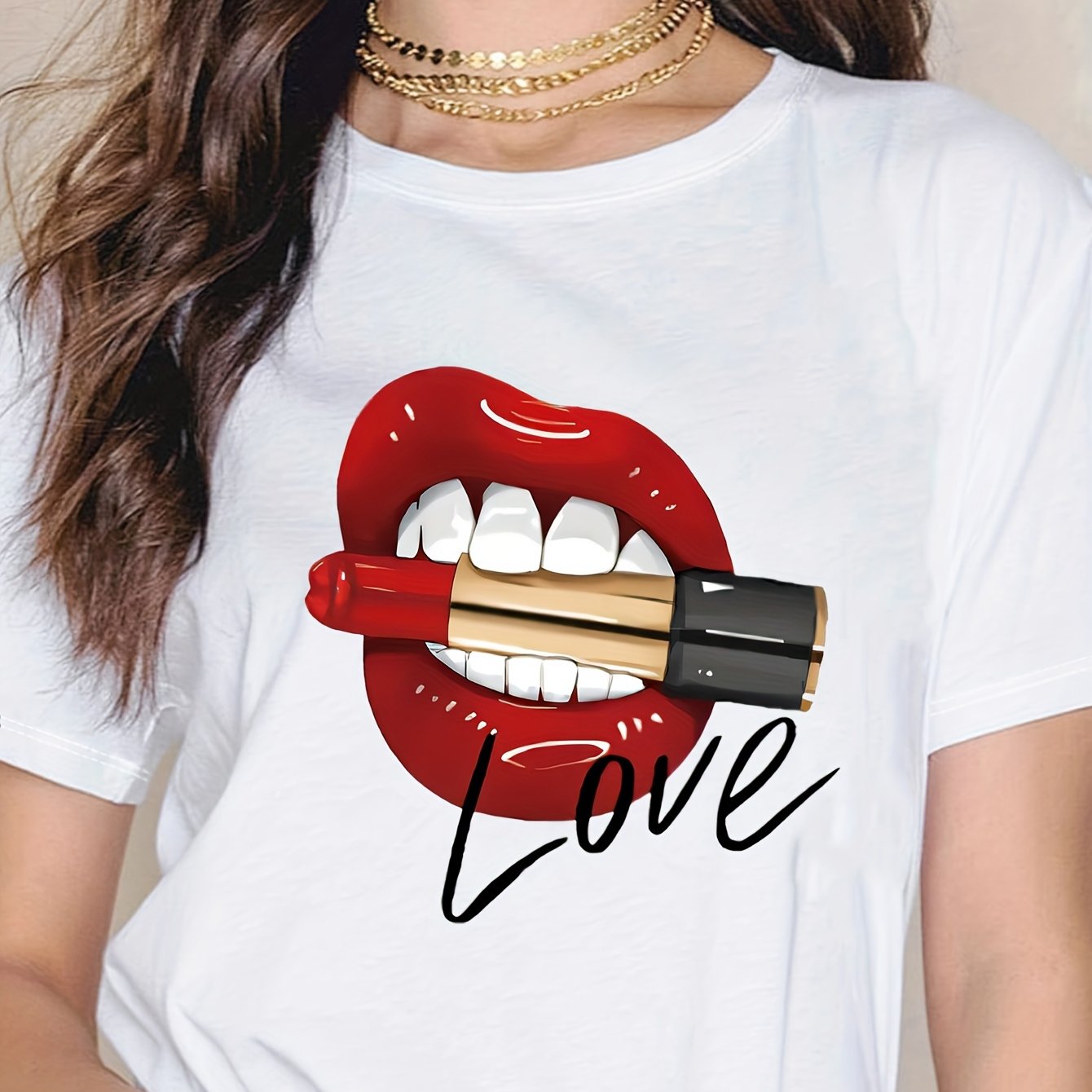 TEMU Lipstick & Lips Neck T-shirt, Casual Short Sleeve T-shirt For , Women's Clothing