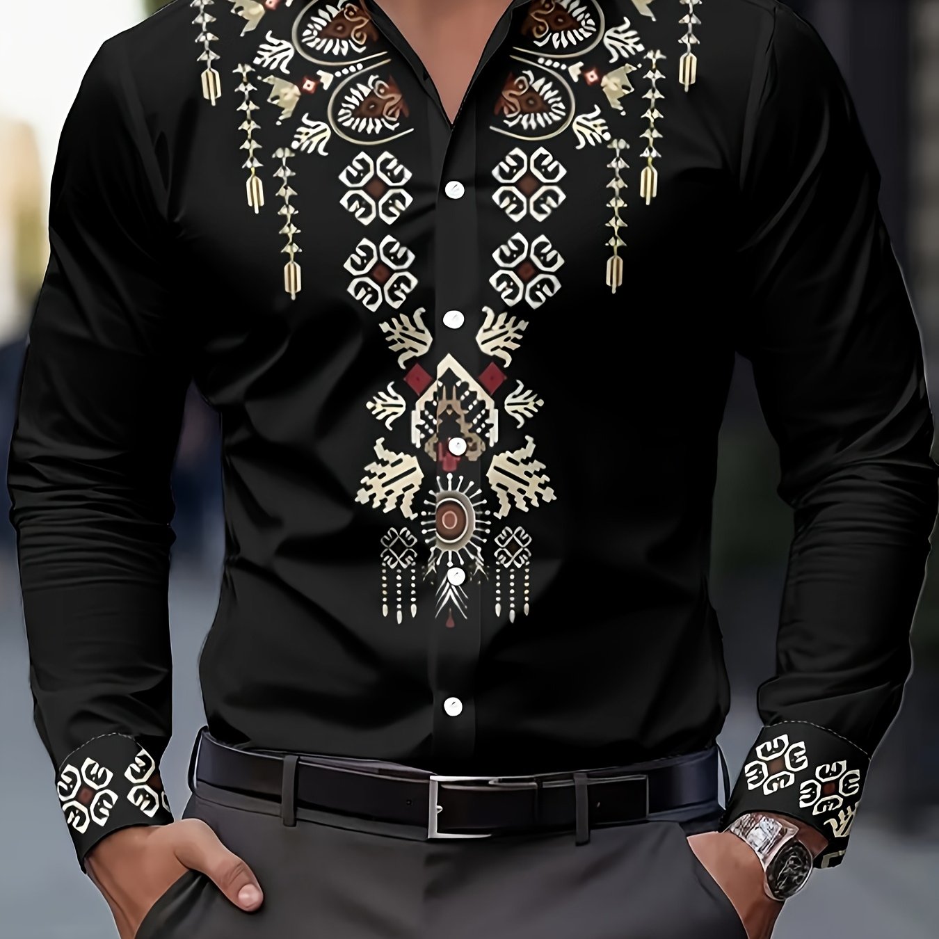 TEMU Men's Stylish Print Shirt With A Vintage Ethnic Design, Perfect For Casual , Parties, Weddings, And Formal Events. This Long-sleeve Button-up