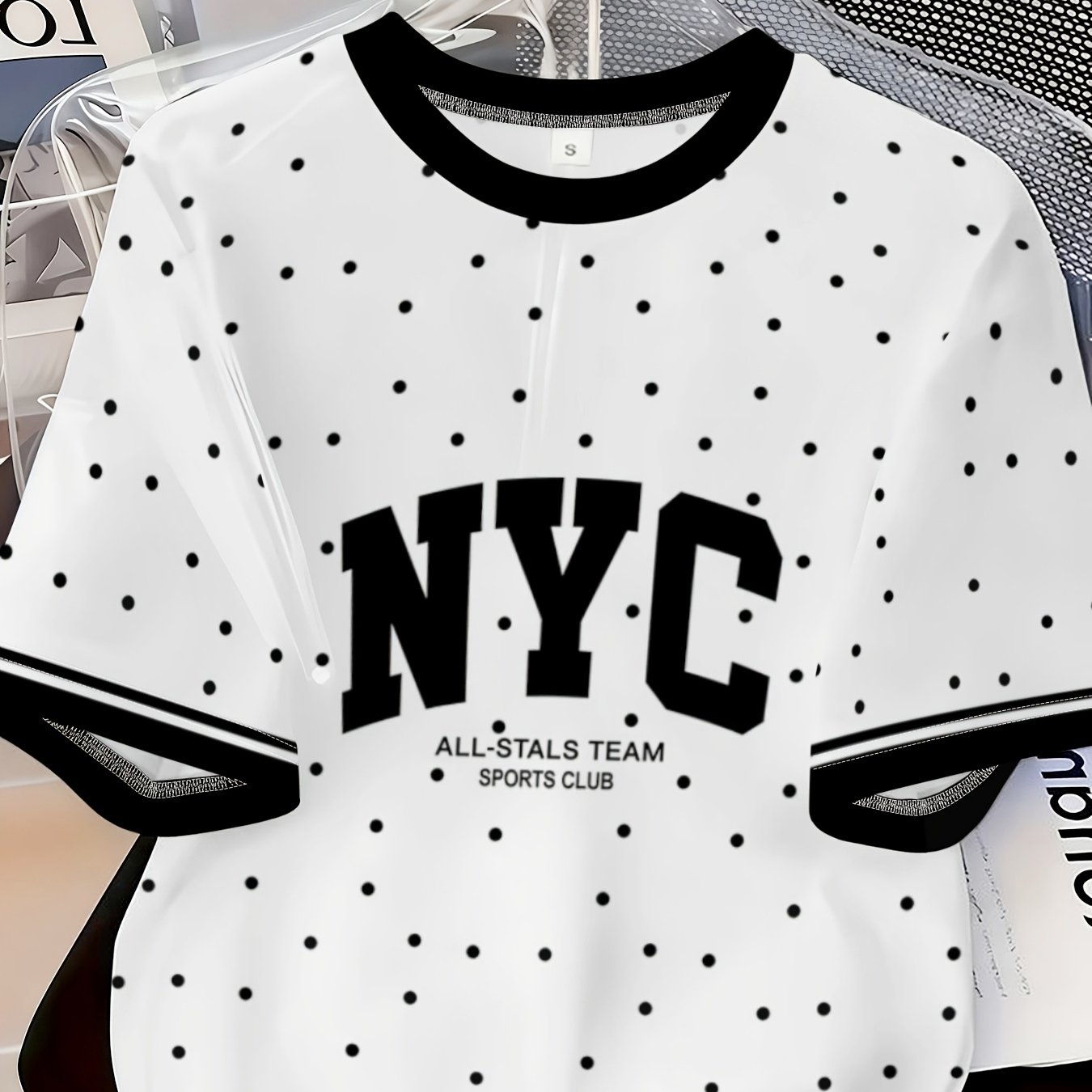 TEMU Fashionable Polka-dot Printed Short-sleeved T-shirt For Women, Nyc Letter Fashion Loose All-matching Top, Summer New Casual Couple Wear, , Niche