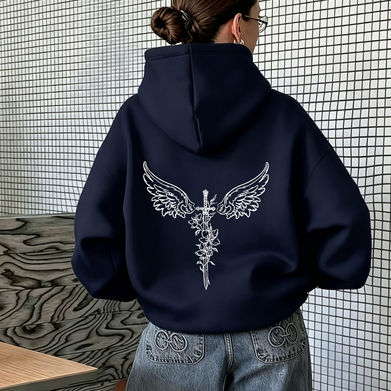 TEMU Dark Sweatshirt With A Long Sword Flanked By Floral Patterns And Large Winged Line Art Print. A Fashionable Loose-fit New Women's Pullover