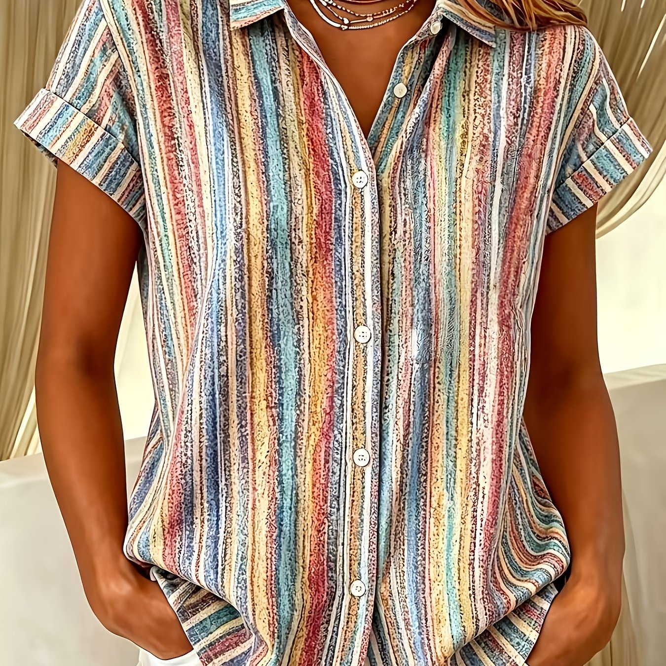 TEMU Women's Summer Retro Colorful Striped Short Sleeve Button-up Shirt, Loose Casual Lapel Versatile Top