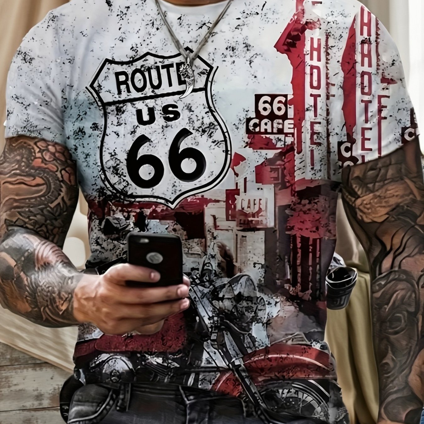 TEMU Men's Vintage Print T-shirt - Distressed Loose Fit - Breathable Top - Suitable For Road Trips And Motorcycle Riding - 1950s-1960s Inspired -