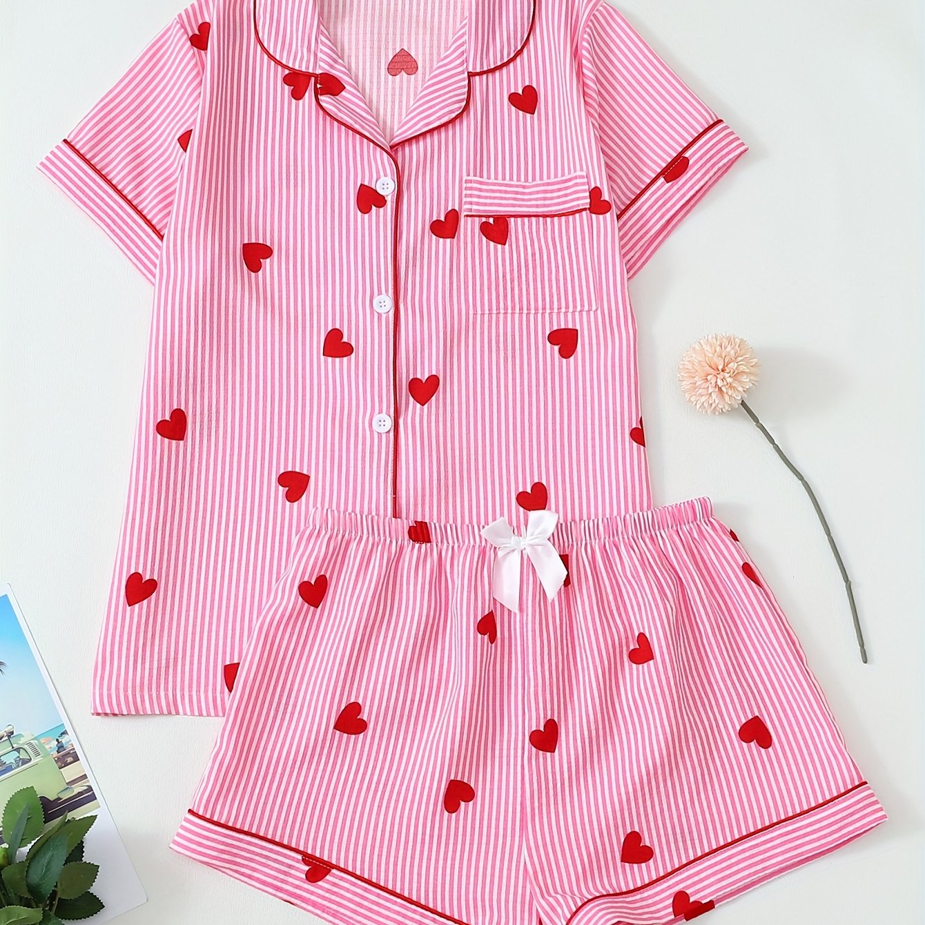 TEMU Striped Heart Print Women's Short-sleeve Pajama Set With Shorts