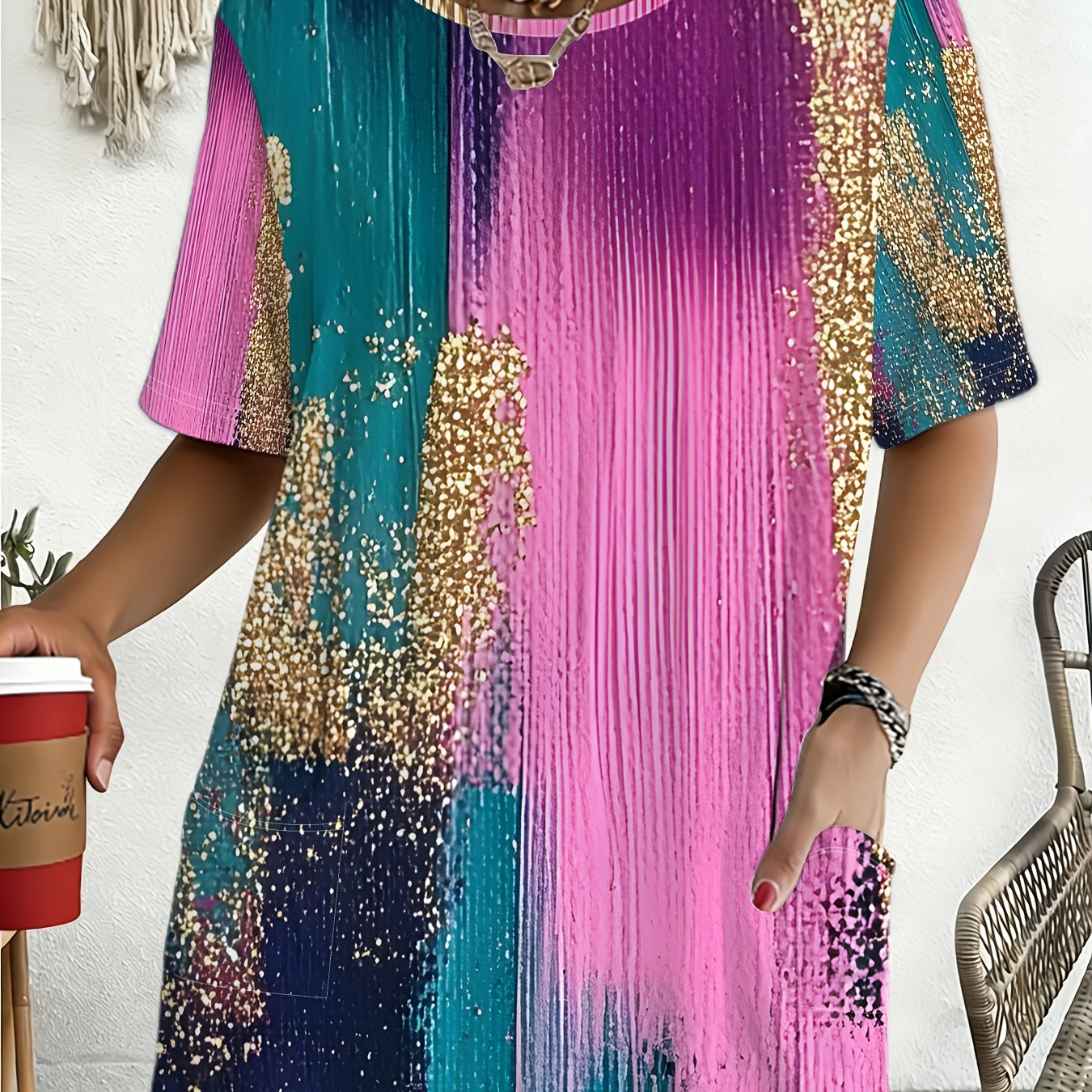 TEMU T-shirt grande taille pour femme avec art fluide à paillettes dégradées sur tout - Blouse multicolore à manches courtes et col ras du cou,