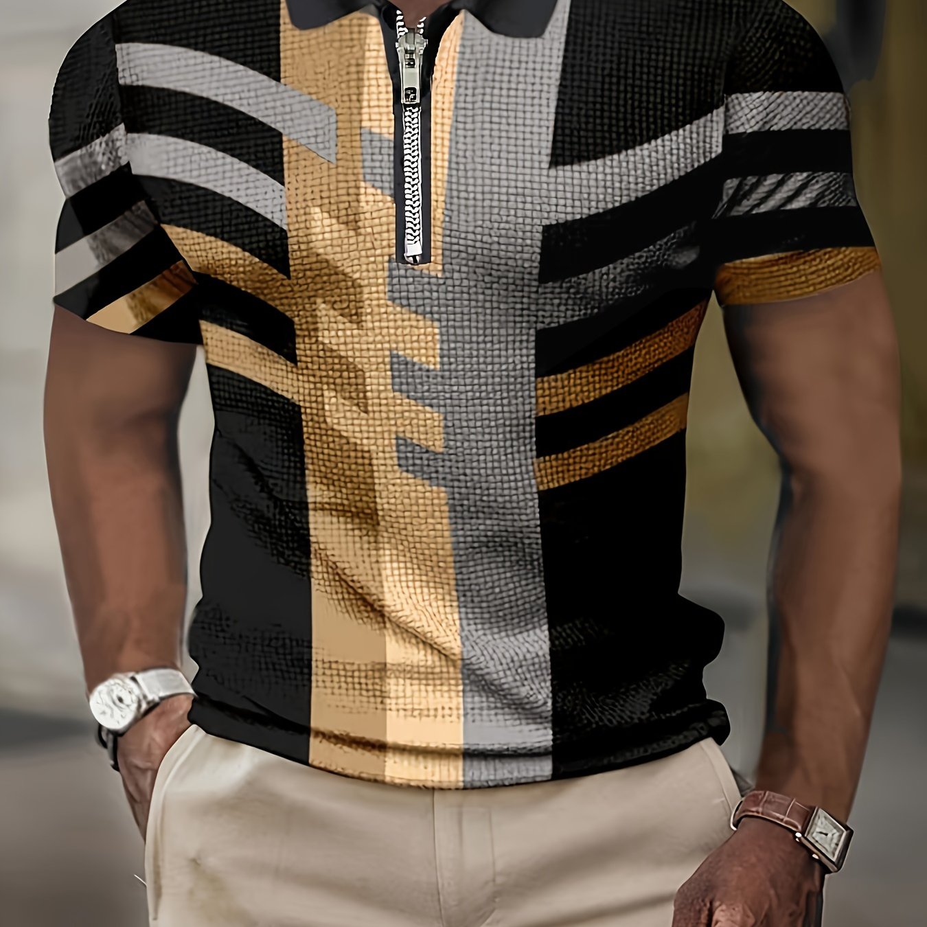 Men's Casual Shirt - Black, Yellow & Gray Striped Collar, Short Sleeve, Button-up Front, Lightweight Summer Fabric, Casual Attire, Summer Casual Wear | Stylish Casualwear | Lightweight Shirt