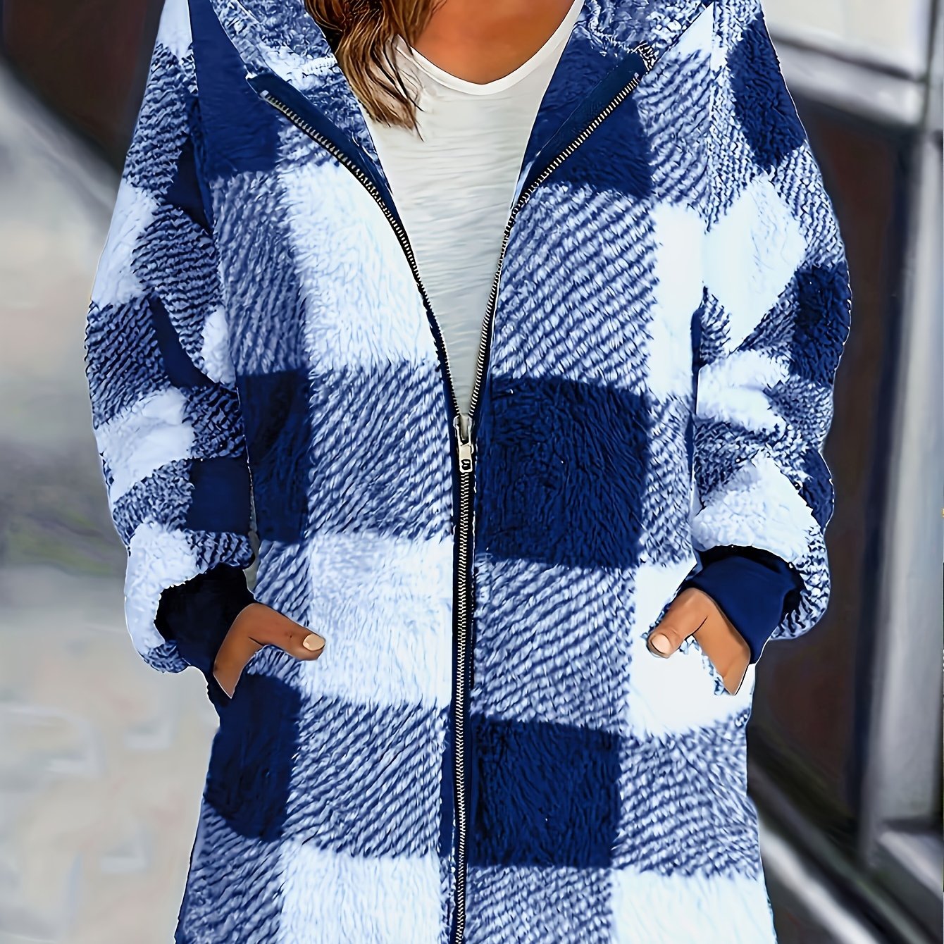 Image of Plus Size, European And Autumn/winter Open-front Lapel Plush Plaid Loose-fit Temperament Commuter Long Coat For Women