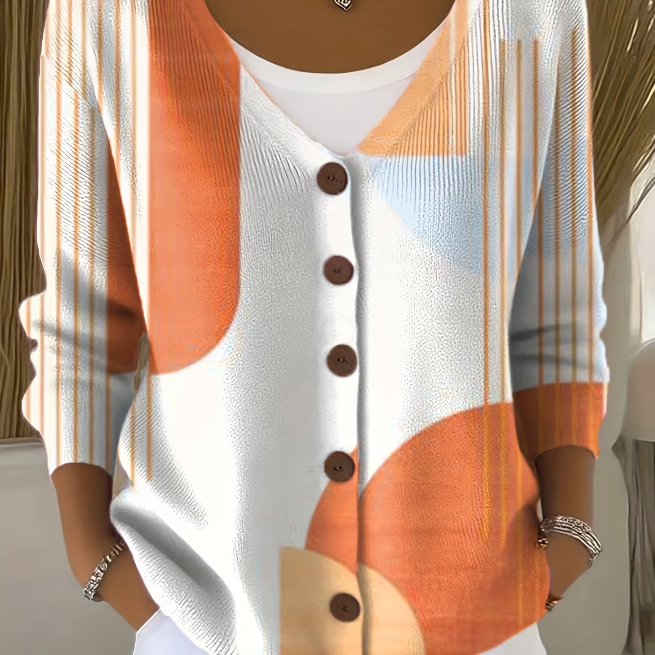 TEMU Women's Casual Geometric Print Button- V-neck Cardigan