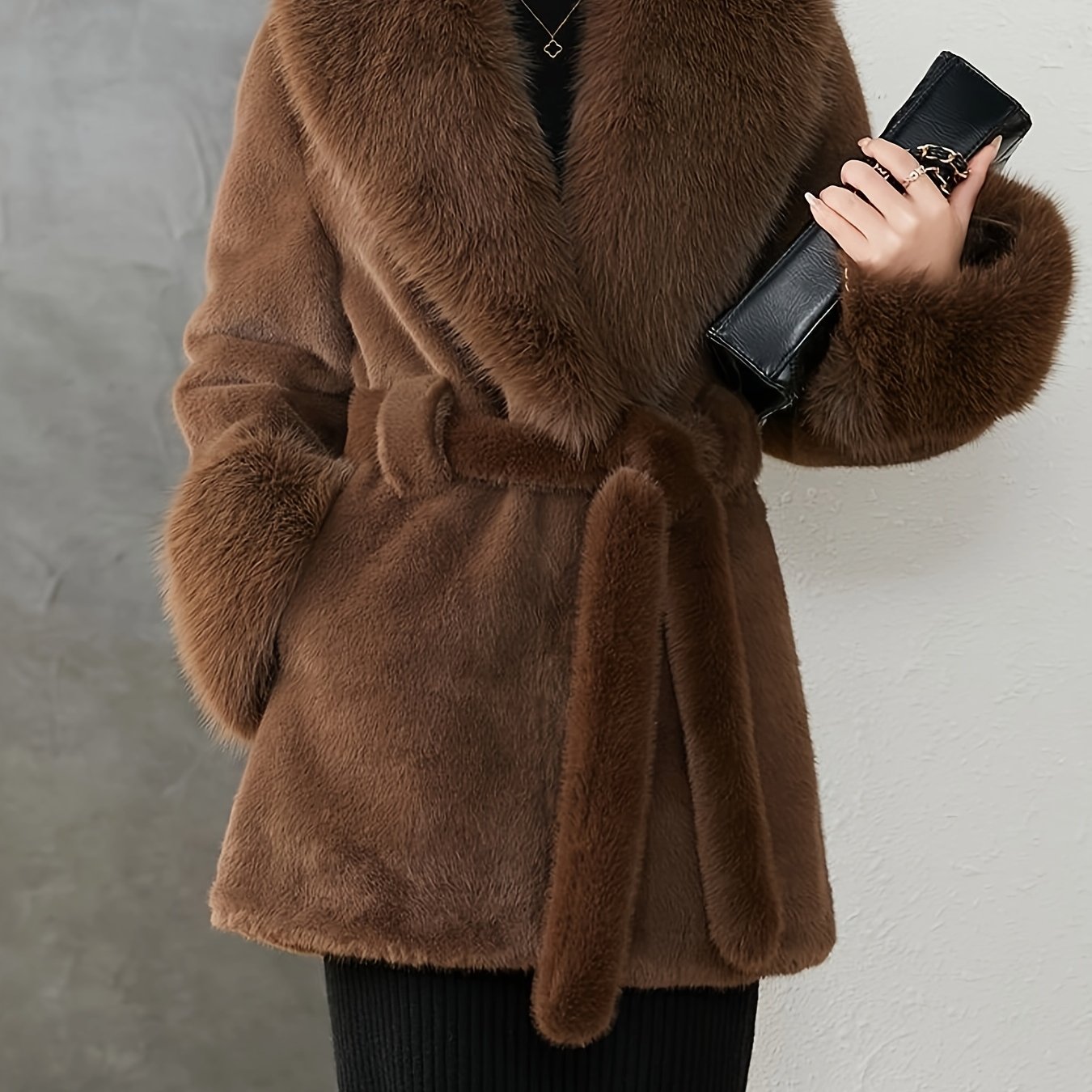 Women's Winter Coat With Large Collar, Faux Trim, And Tie Belt