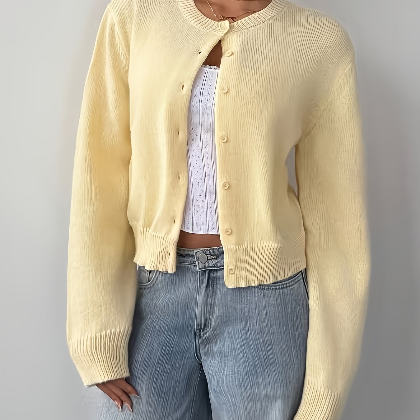 TEMU Easy Short Cardigan, Loose Drop-shoulder Long Sleeve Sweater, Gentle Style Top
