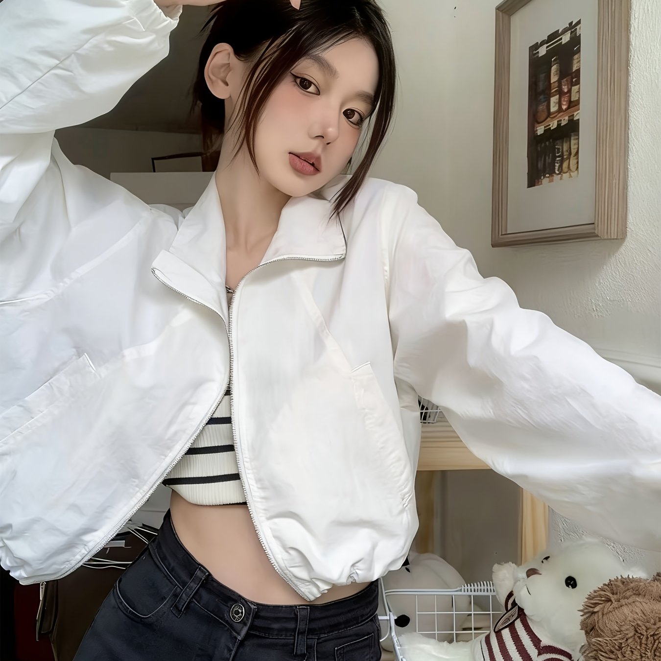 TEMU Ladies Short Casual Loose Jacket, New 2025 Summer -up Collar Outdoor Women's Top, Comfortable And Minimalist Solid Color Outerwear For Spring,