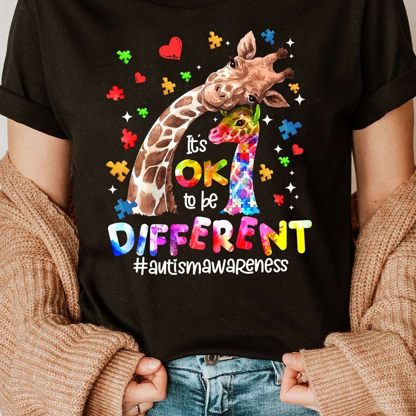 TEMU Autism Awareness Giraffe Printed Round Neck T-shirt, Summer And Spring Short Sleeve Casual Top, Women's Wear