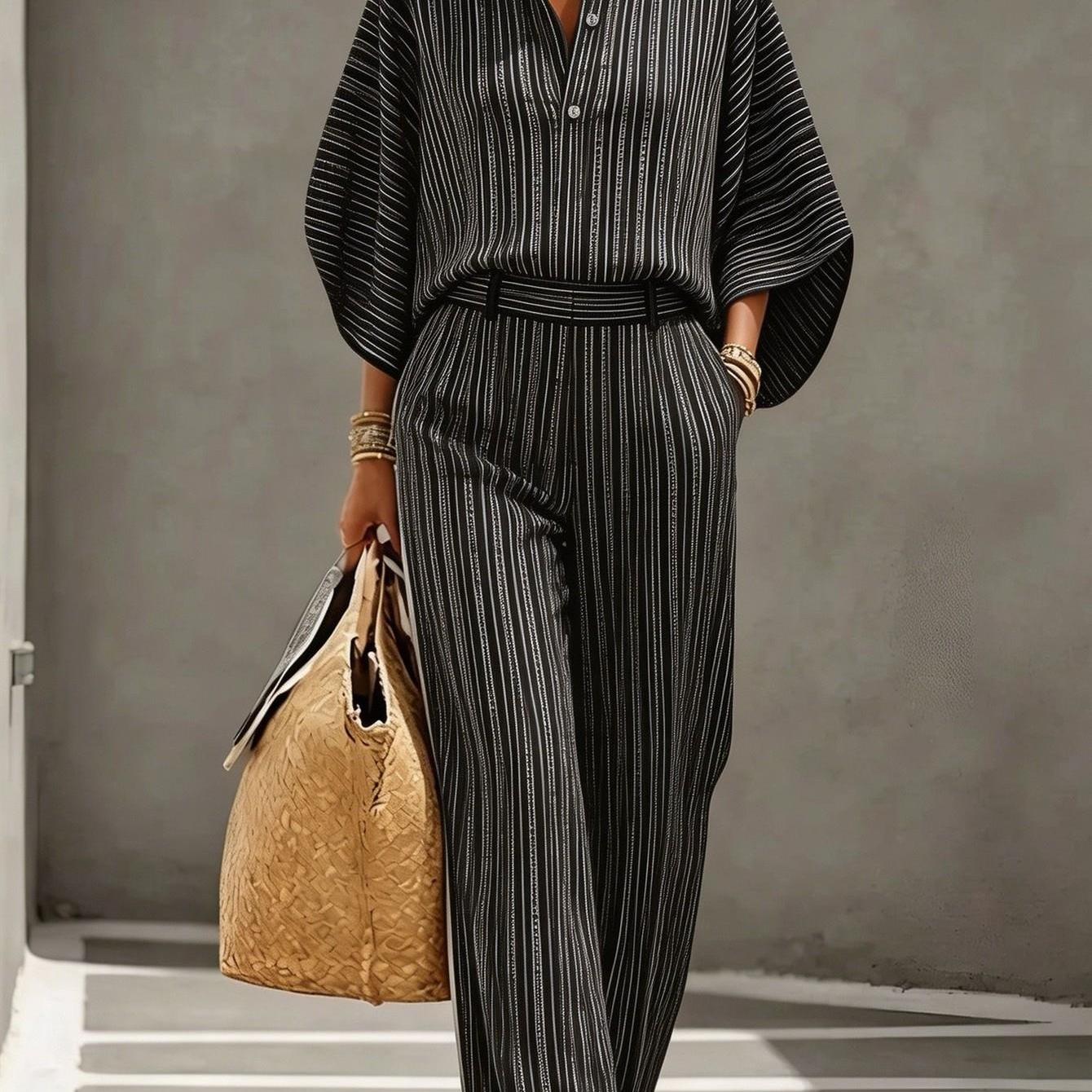 Image of Plus Size, Elegant Old Money Style Women's Pant Suit: Collar Shirt With Straight-leg Trousers, Suitable For Daily Commuting, Work, And Casual Wear