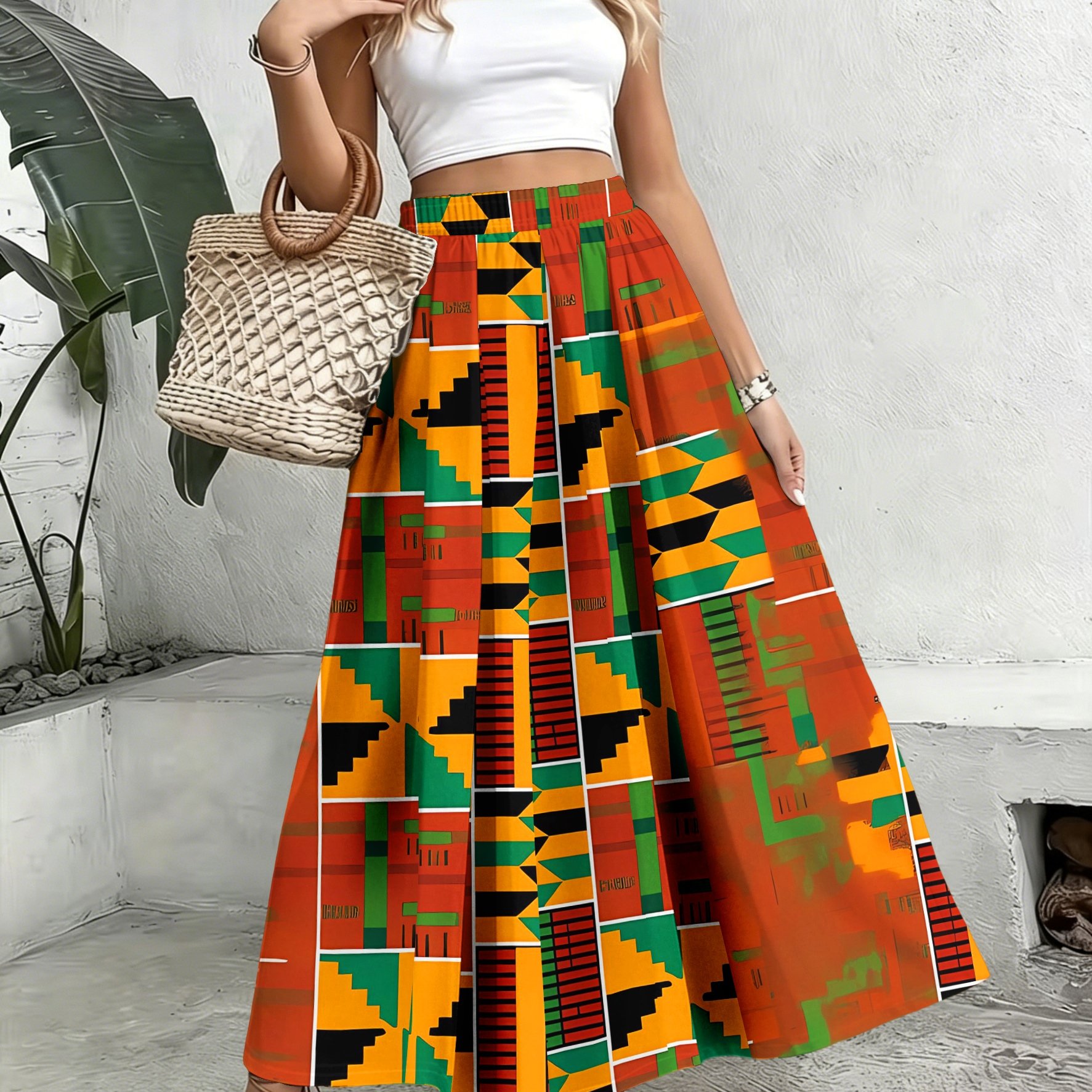 TEMU Women's Plus Size Long Dress, African Traditional Geometric Pattern Colorful Texture, Suitable For Spring Summer Fall, Machine Washable,