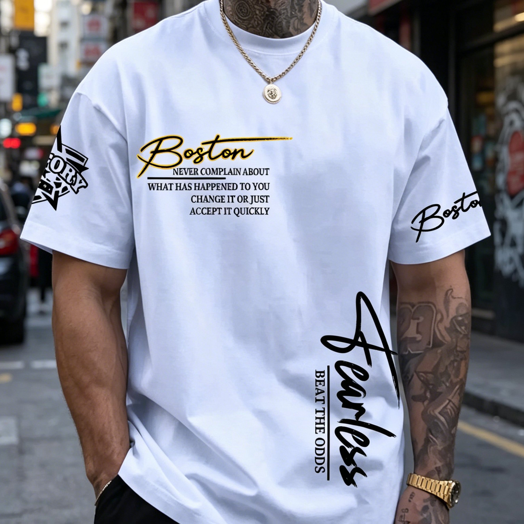 TEMU Men's T-shirt, American Inspirational Style "boston" Cursive Motivational Slogan Print T-shirt, Men' Size Short Sleeve T-shirt