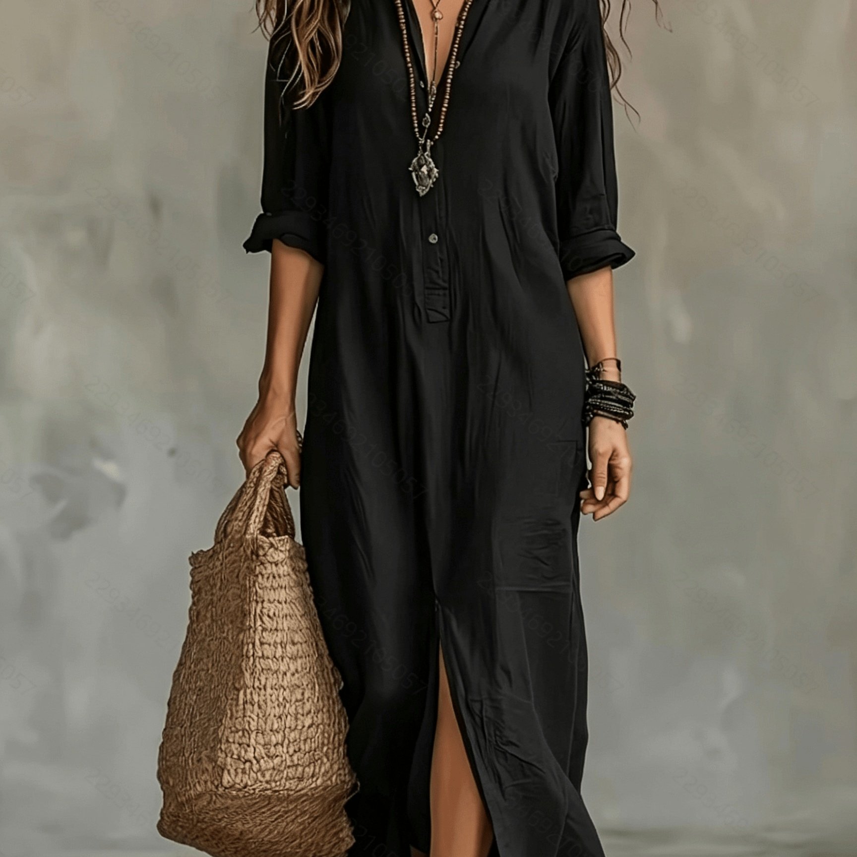TEMU Women's -line Button-up Dress With Collar & Half-open Front Slit - Long Sleeve Maxi Dress Suitable For Spring/autumn, Machine Washable Solid