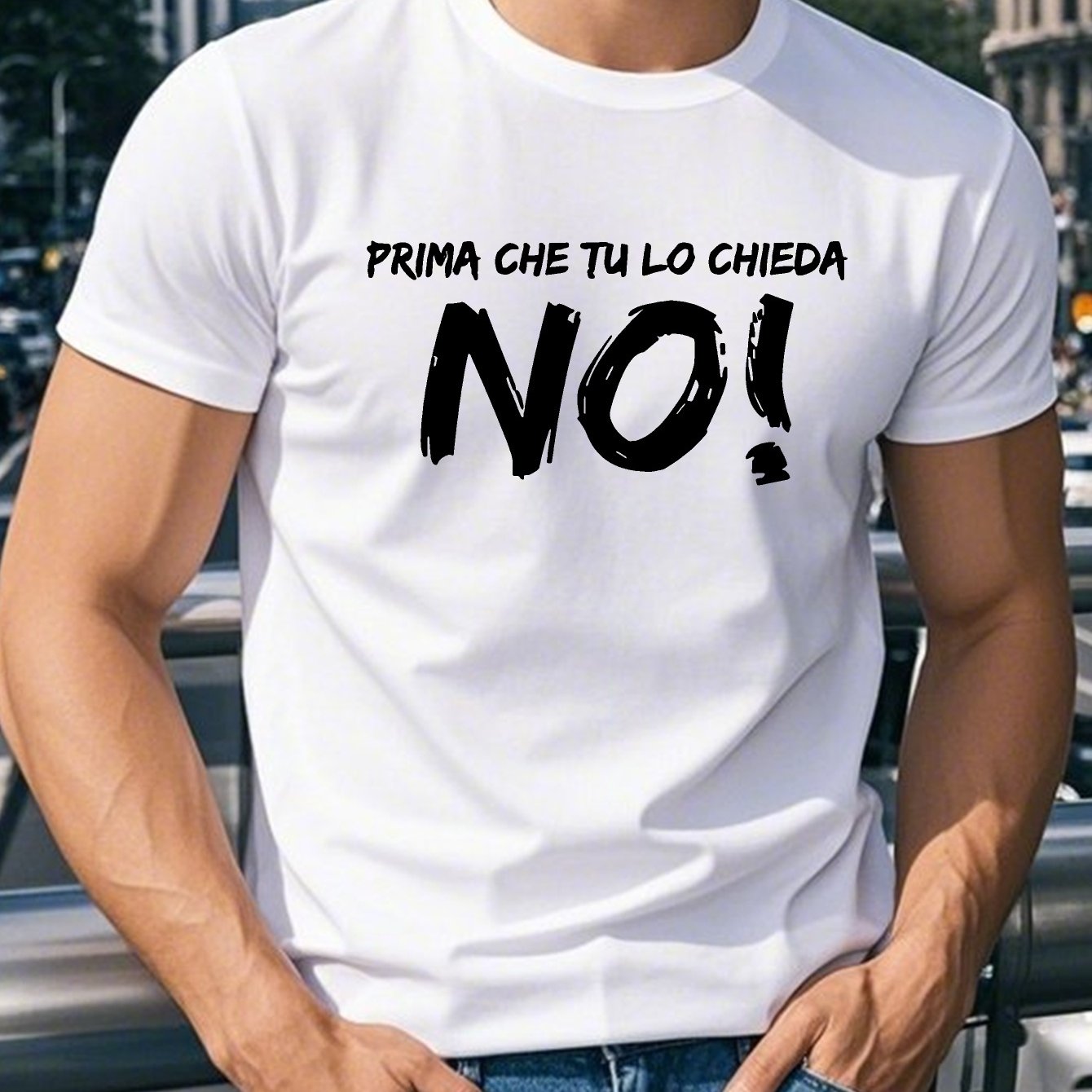 TEMU Men's Casual Summer T-shirt With Italian "no!" Print - Short Sleeve, Round Neck, Light Gray, Breathable Polyester Fabric, Perfect For Casual