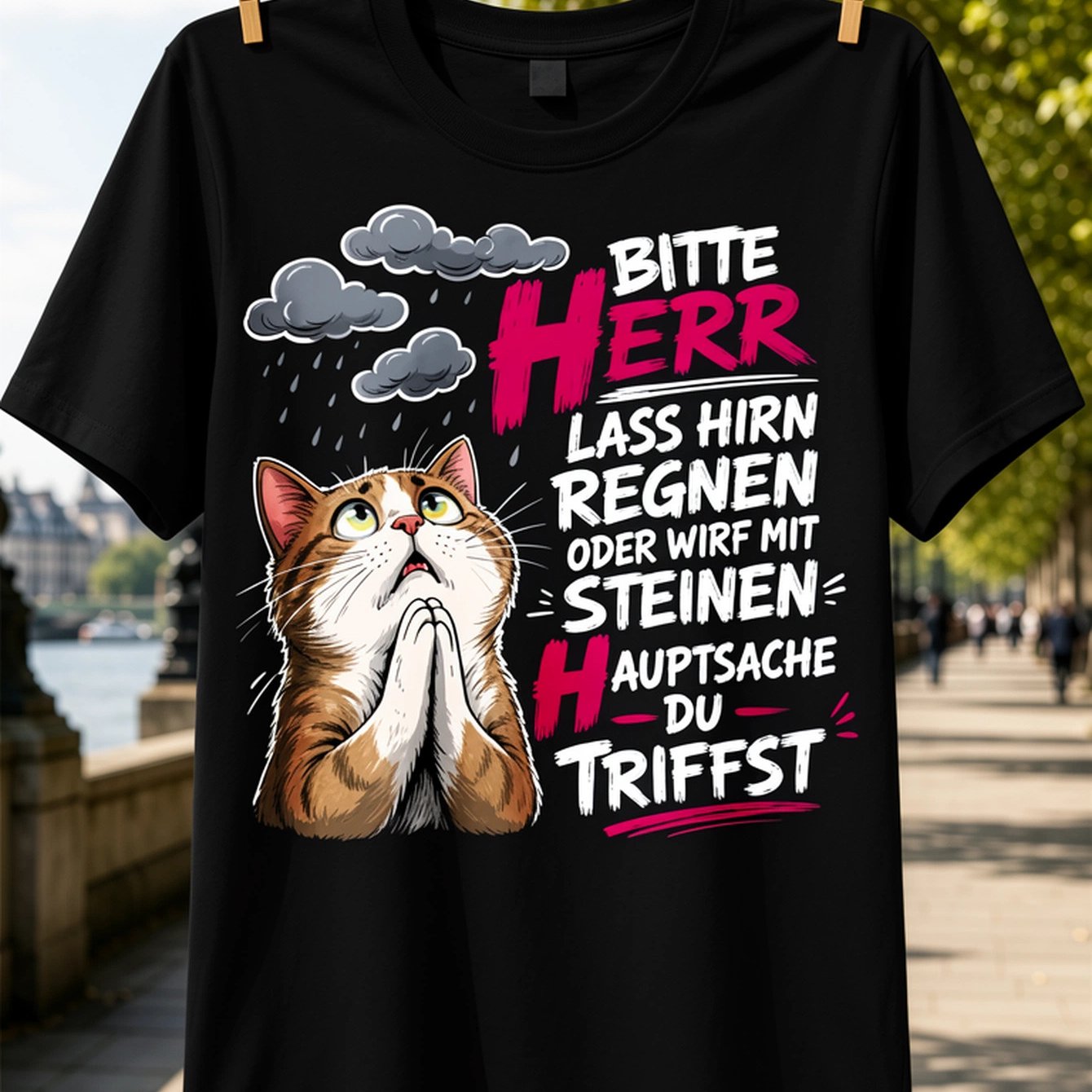 Image of Plus Size, 1pc, Please Sir Let Brain Rain German Text Praying Under Grey Clouds With Pink Lettering Women's T-shirt