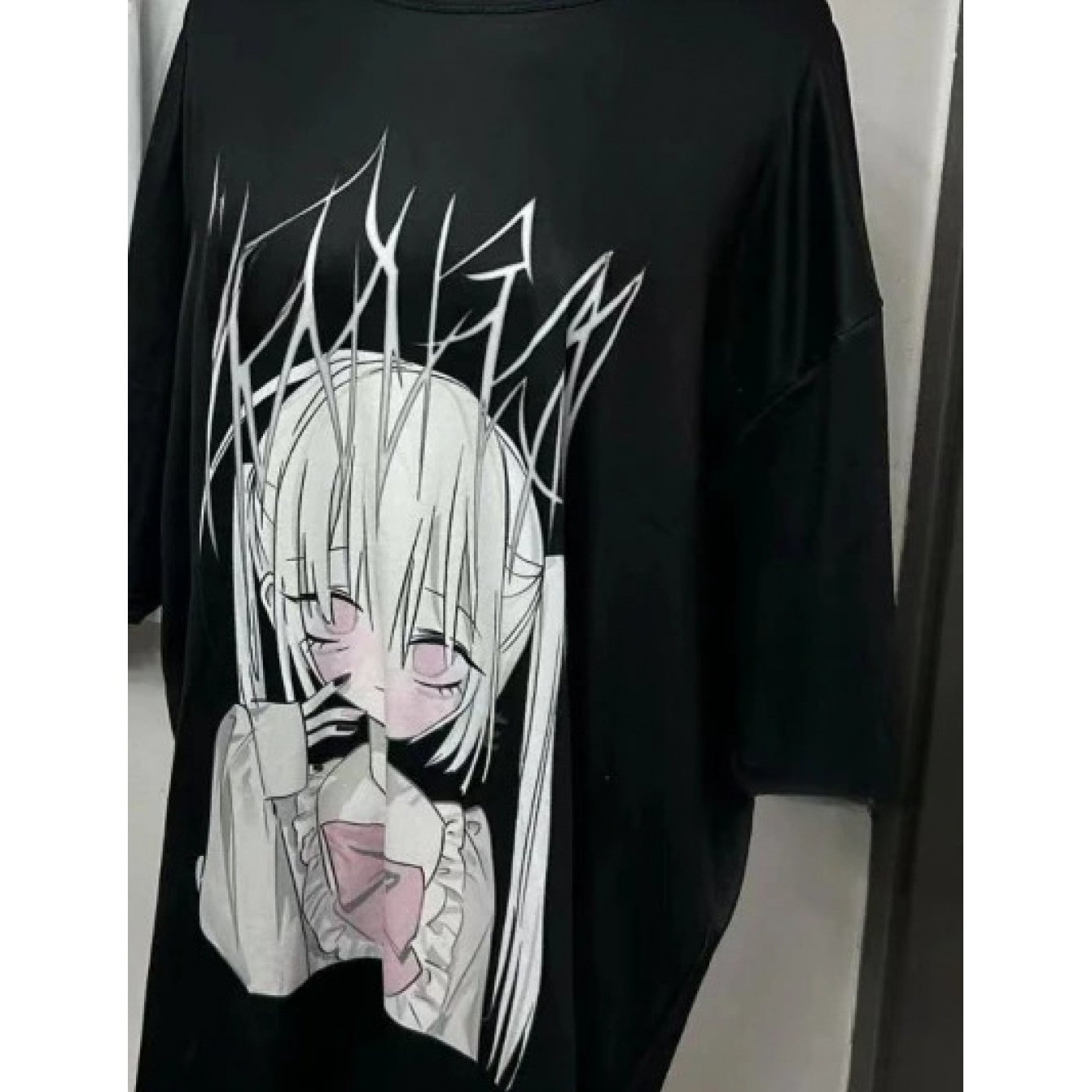 Image of Japanese Black Cartoon Printing T-shirts Harajuku Summer Casual Short Sleeve Vintage Tops Funny Oversized Y2k Aesthetic Tees