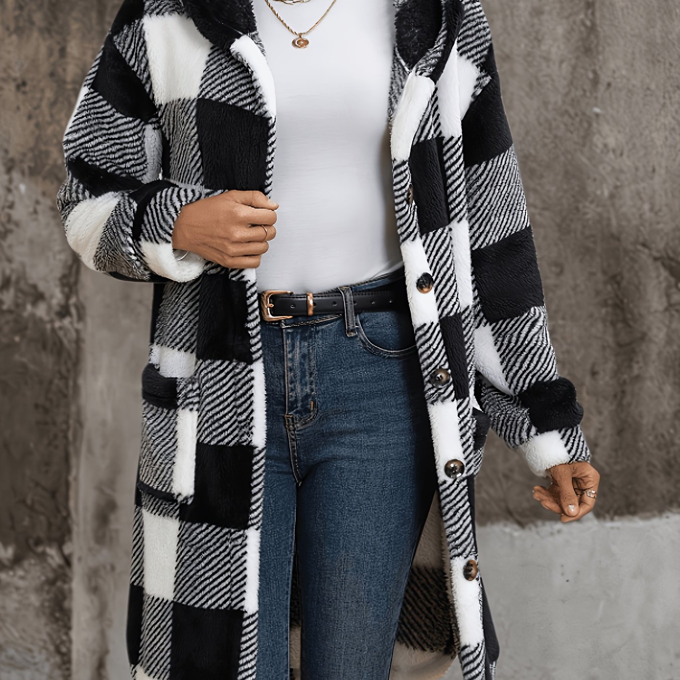 TEMU European And American Women's Autumn/winter New Arrival Black And White Reversible Plush Hooded Pocket Midi-length Casual Jacket