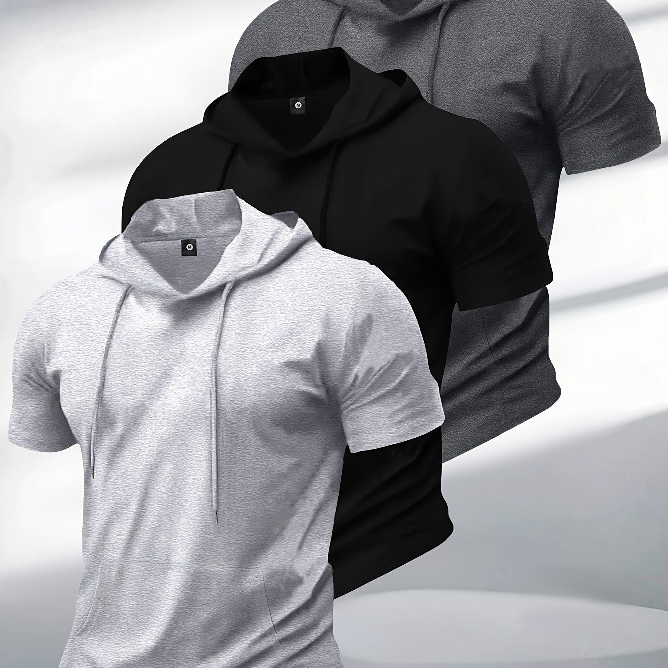 TEMU 3pcs Summer Men's Stretchy Breathable Short-sleeve Hooded T-shirt With Kangaroo Pocket, Fashionable, , Versatile Casual Sportswear Top For And