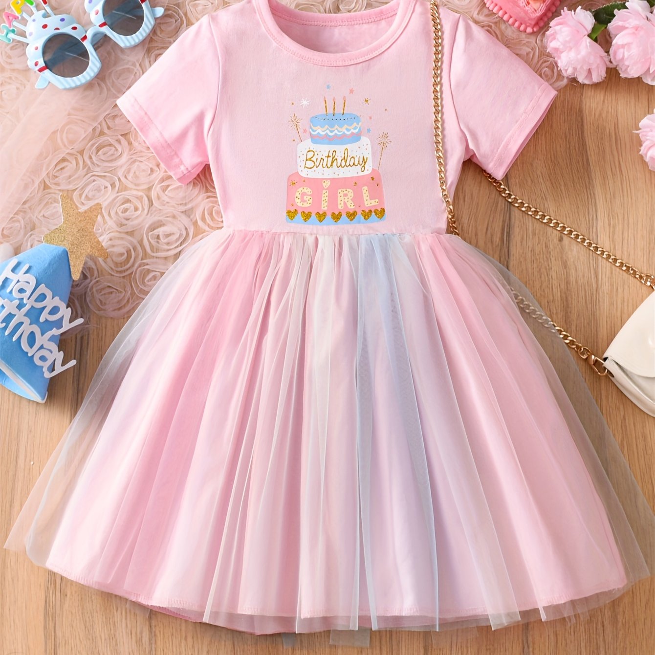 Image of Girl's Birthday Cake Letter Print Cute Short Sleeve Crew Neck Casual Mesh Skirt For 4-8 Year Old Girls, Suitable For Birthday Wear