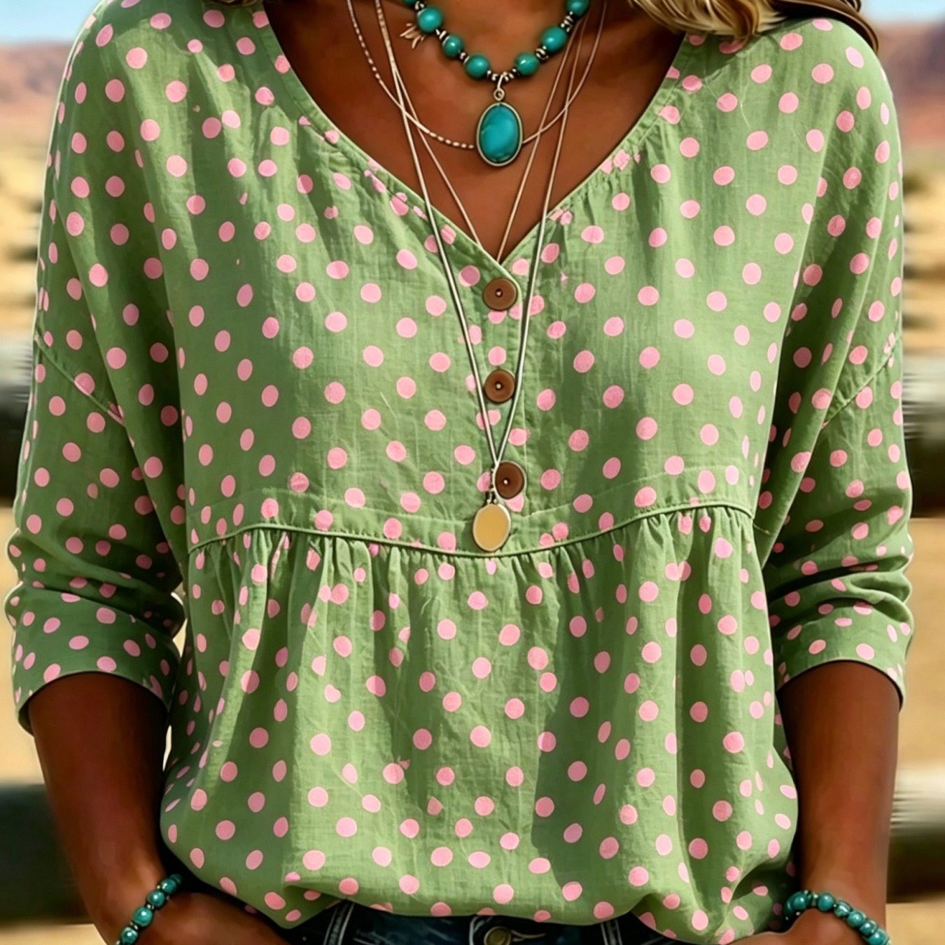 Women's Color- Striped Polka-dot Print V-neck Button- Short-sleeve Casual Shirt
