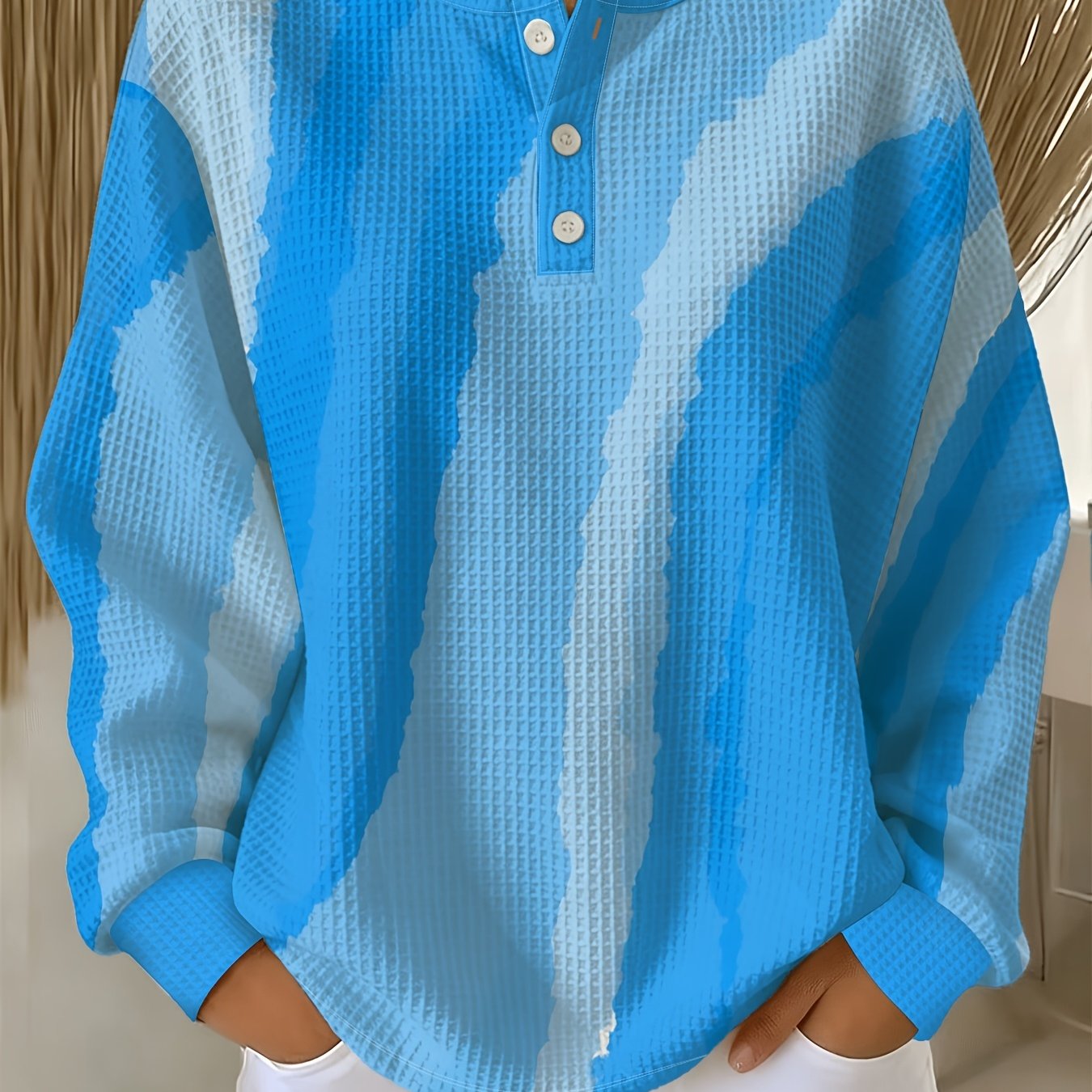 TEMU Waffle Sweatshirt, And Pattern, Vacation Button-up Round Neck Long Sleeve Sweater