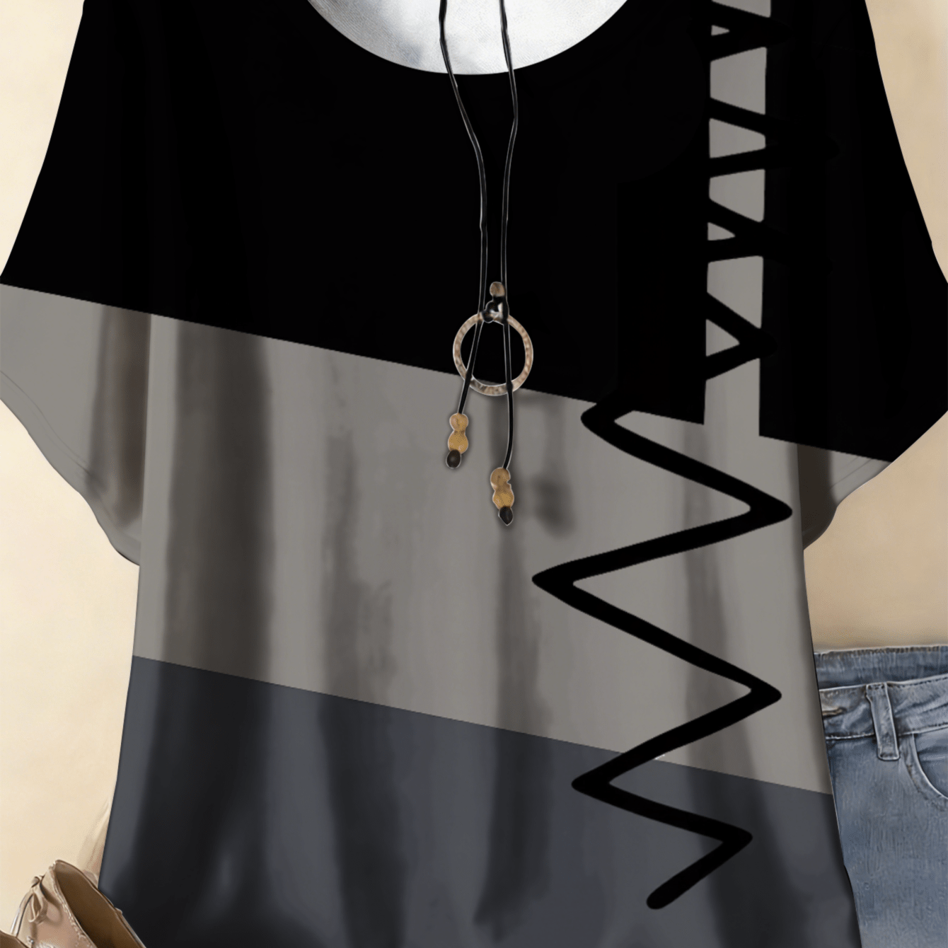 Image of Plus Size, 0-9xl Plus Size Black Gray Geometric Print Women's Summer T-shirt Suitable For Casual Attire, Beach, Office, And Other Occasions. Unique Print Fashion Apparel