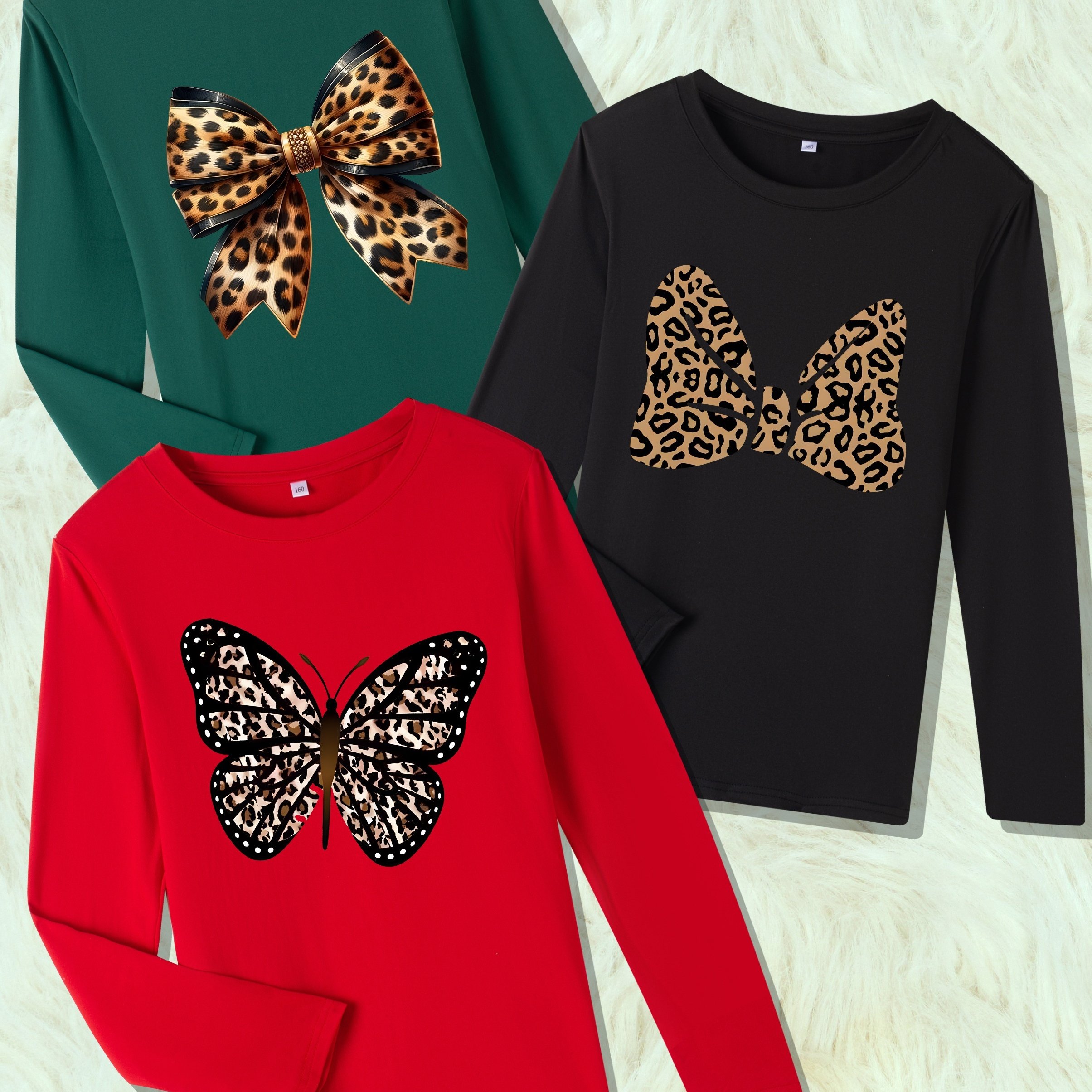 Image of [multiple Pc] 3pcs Combination Set, Fashionable Casual Long-sleeved Base T-shirt For Boys And Girls, Bow Print, Soft And Comfortable Skin-friendly