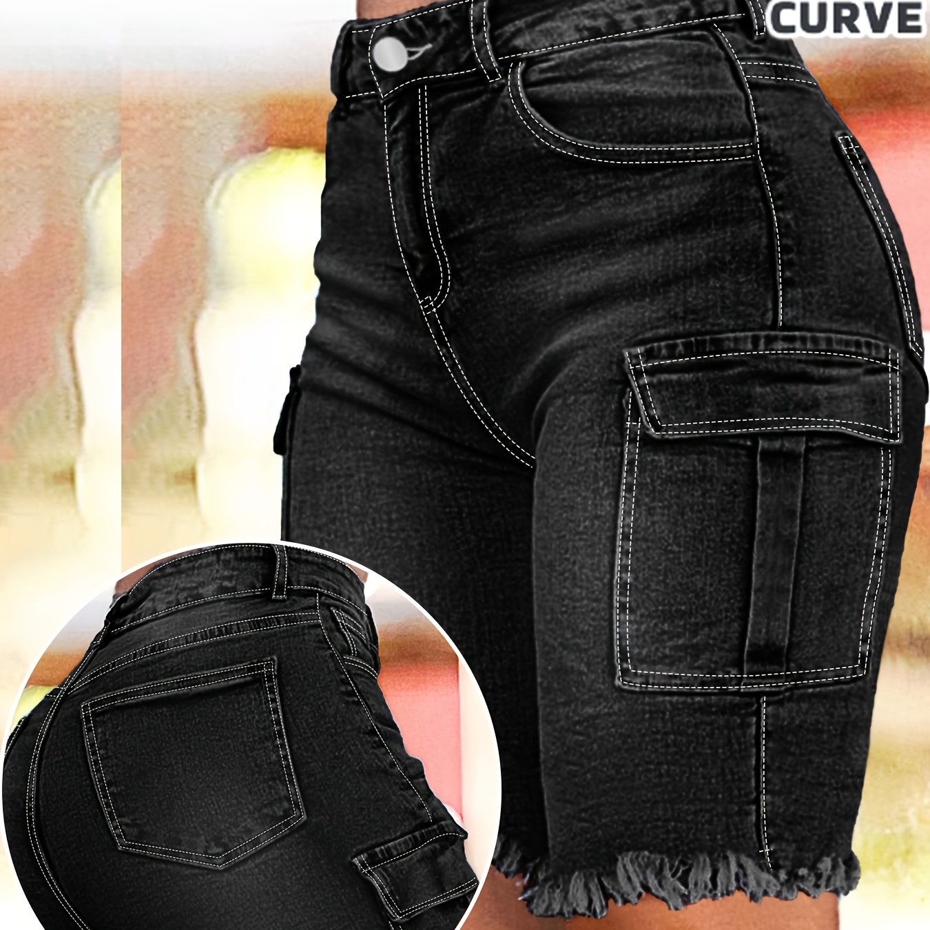 TEMU Plus Size Women's Black Denim Knee Length Shorts, High Waist Stretch Slim Fit, Side Flap Pockets, Frayed Hem, Casual Daily Wear, Machine Washable, Spring Summer Wear