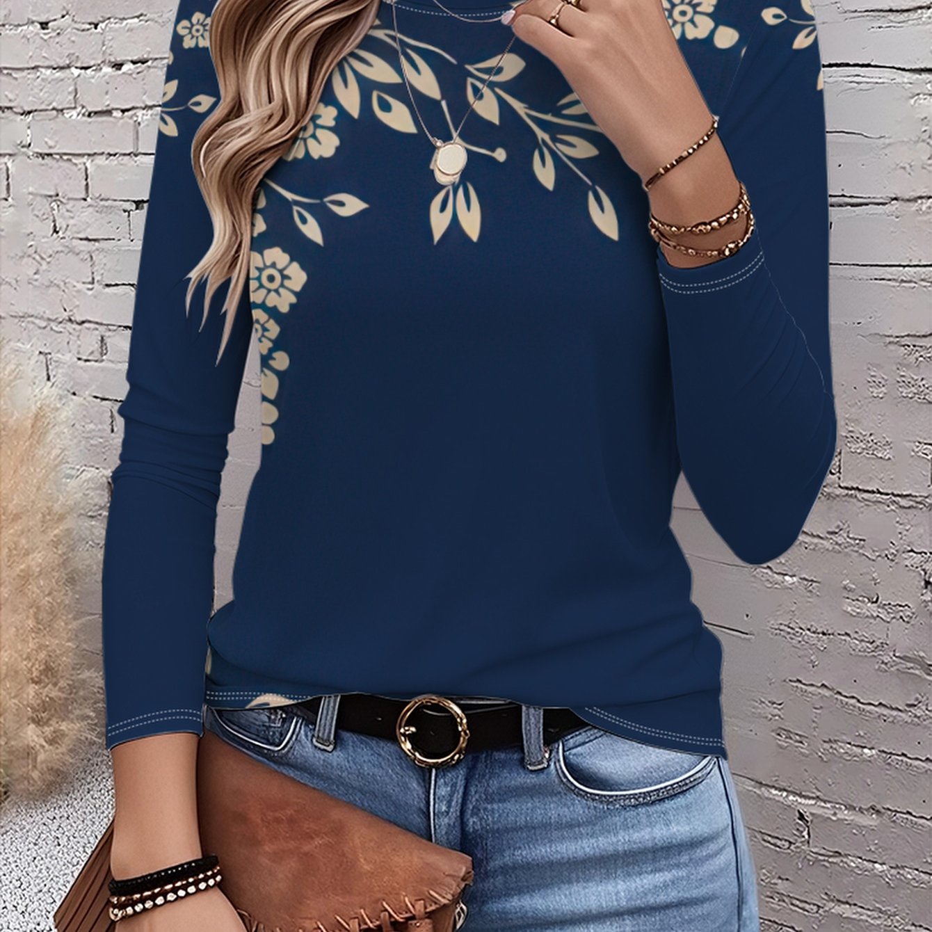 TEMU Women's Mint - Long Sleeve T-shirt - Mint Floral Top, Round Neck Casual Blouse, Machine Washable Spring/fall Layering Shirt For Jeans & Dresses,