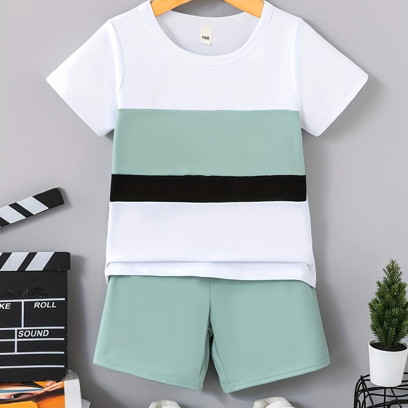 Boys' White, Bean Green, And Black Color-block Solid Short-sleeve And Shorts Set, For Outdoor