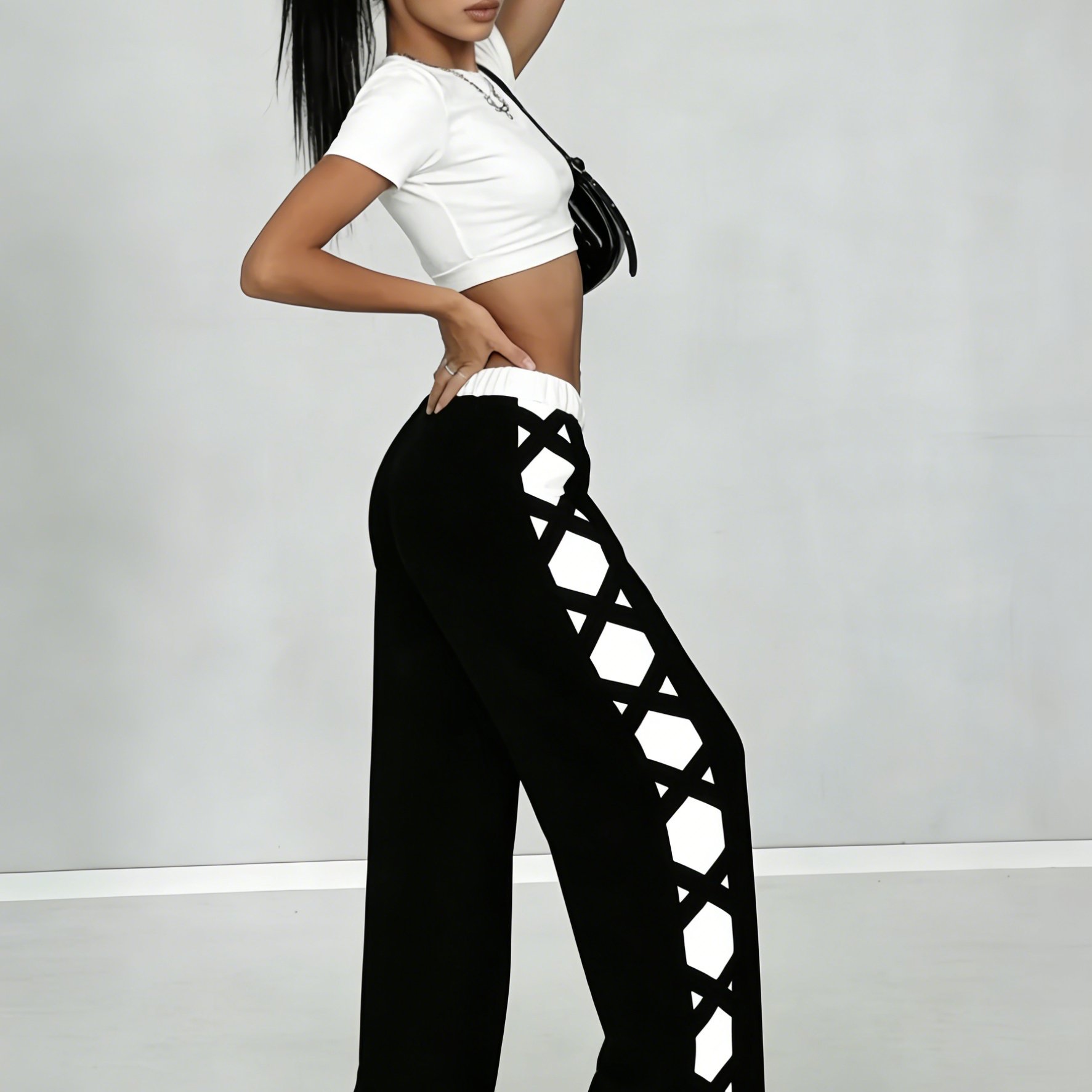 E-shop Damen Frühlings, Sommer, Herbst- und Winter-Elastische Hosen mit weitem Bein in Unifarben, farbblockiertes Kreuzmuster-Design, , bequem und