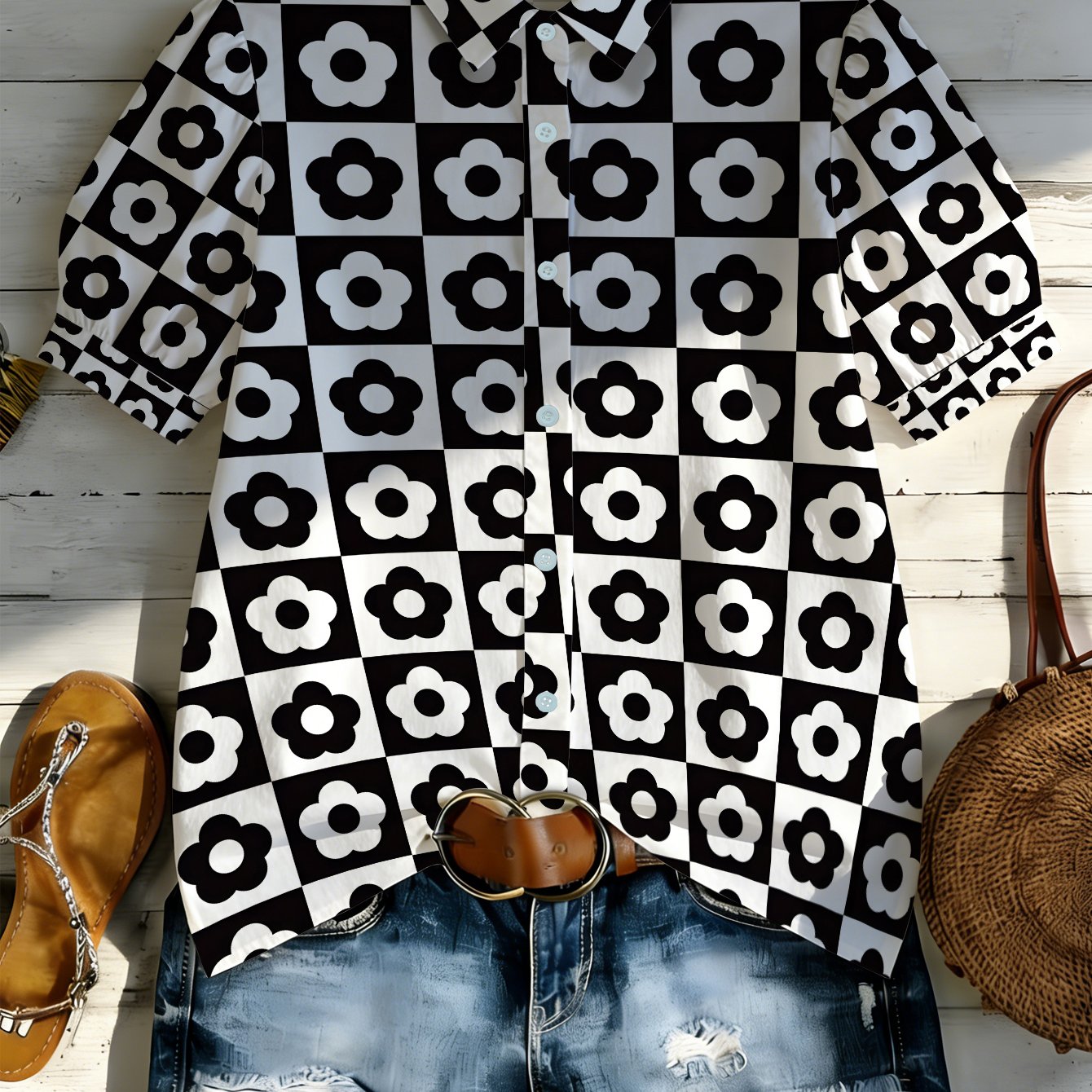 TEMU 1pc Black And White Floral Checkered Pattern Short Sleeve Button-up Shirt, Ideal For Beach, Casual , Summer Parties, Daily Wear, Perfect For