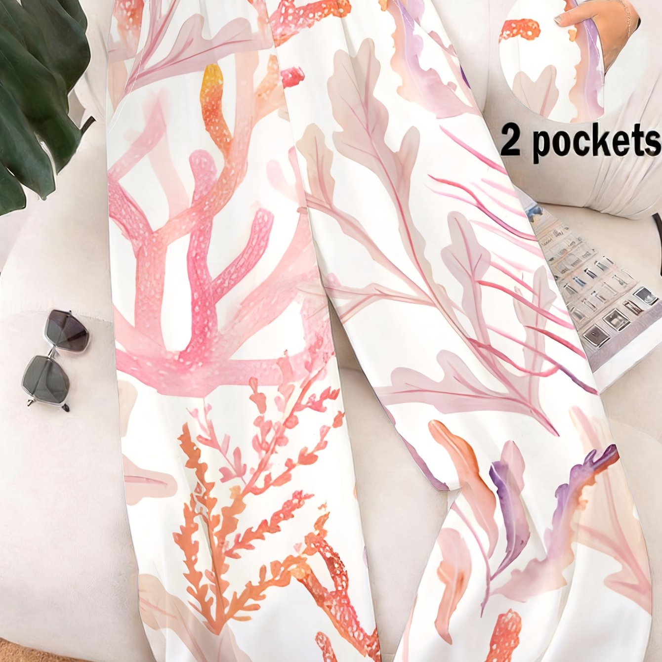 TEMU Women's Coral-themed Straight-leg Pants, Perfect For Beach, Casual , Travel And Daily Wear, Featuring 2 Pockets And Soft Breathable Fabric