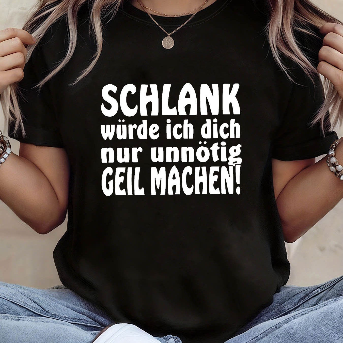 Image of Women's T-shirt Plus Size German T-shirt - "'t Bother Unnecessarily Cool" Funny German Text Print, Short Sleeve Crew Neck Casual Blouse Top Suitable For Casual Attire, Machine Washable