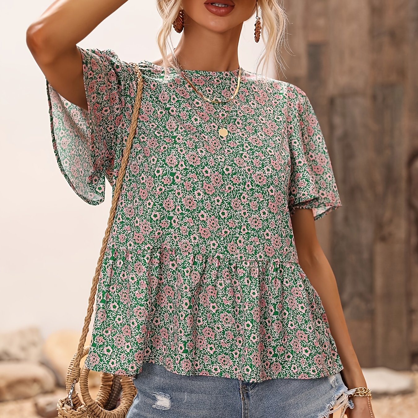 TEMU Women's Middle Eastern-inspired Geometric Floral Print Sleeve Beach Top - Lightweight Breathable Round Neck Short Sleeve Blouse With Pleated Hem