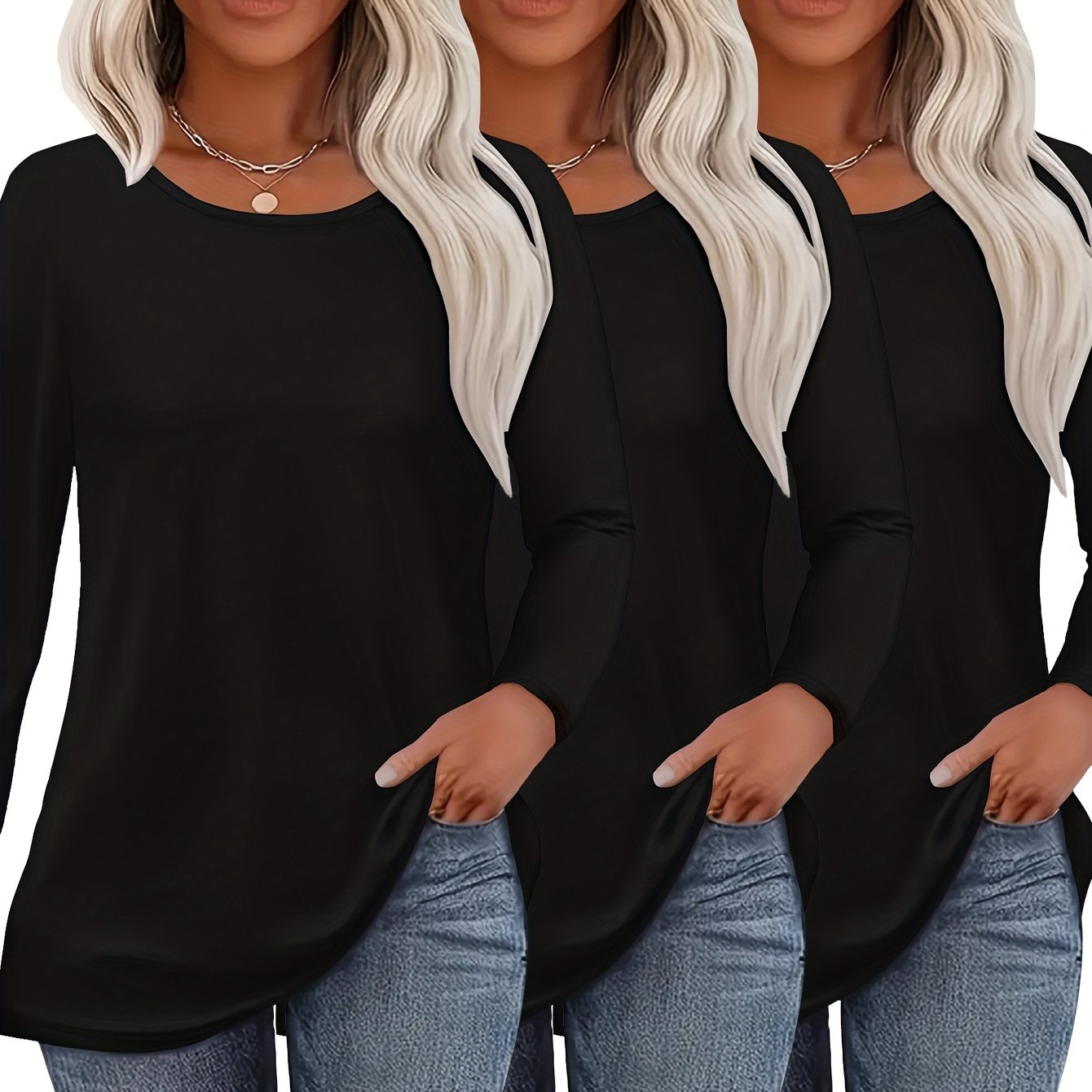 E-shop 3er-Pack Langarm Damen T-Shirts in Unifarben, vielseitiges Freizeit- und Urlaubstop für Herbst und Winter mit Rundhalsausschnitt