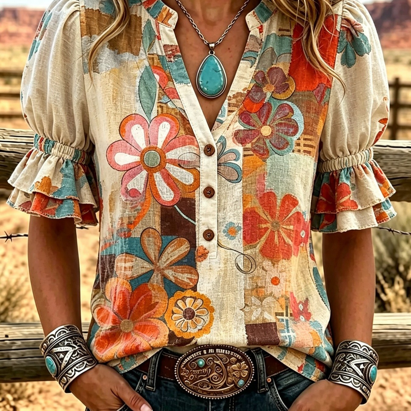 TEMU Women's Retro Color- Floral Print V-neck Shirt With Double-layer Lace Sleeves