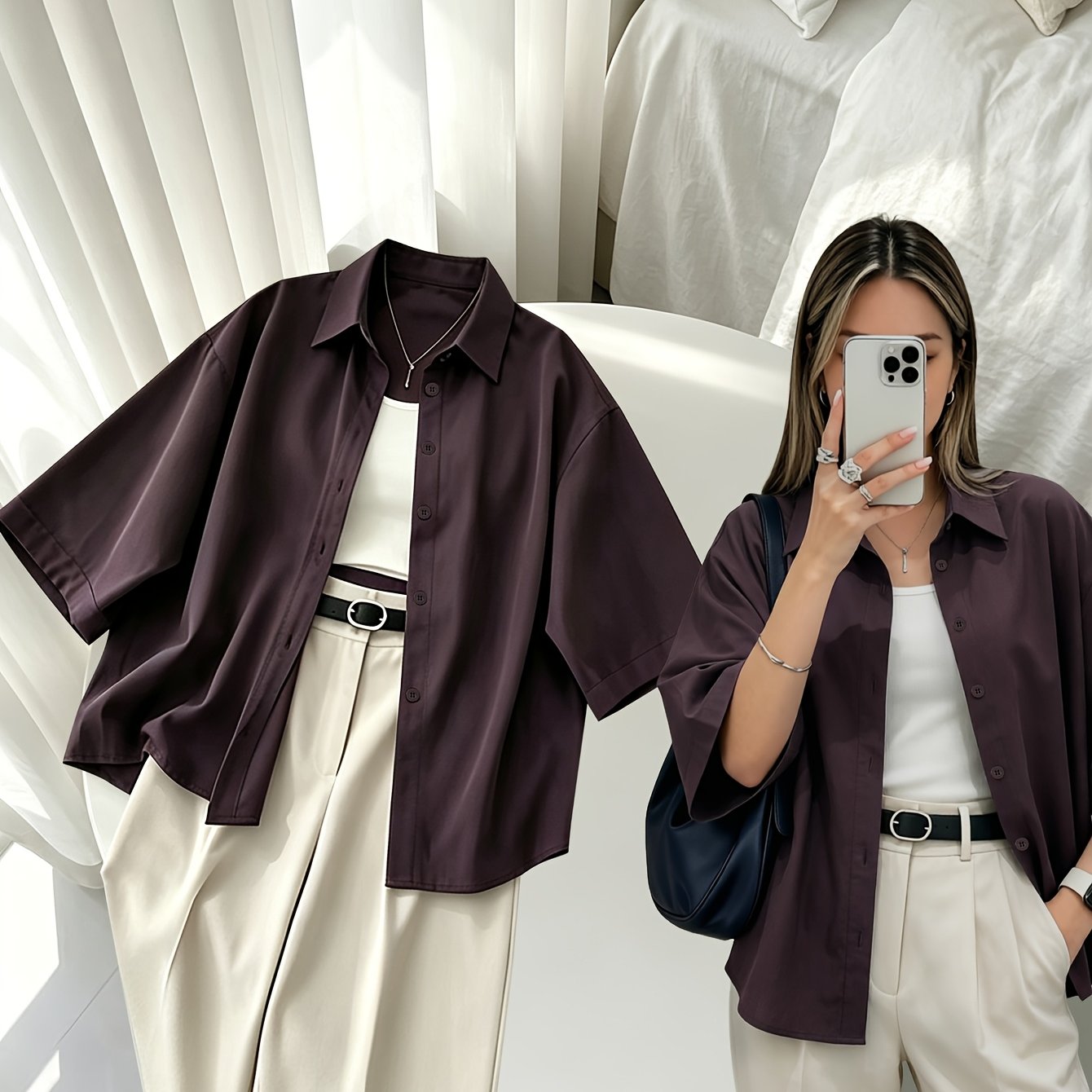 TEMU Women's Shirt Collar Spring Summer Elegant Solid Color Short Sleeve Top Blouse