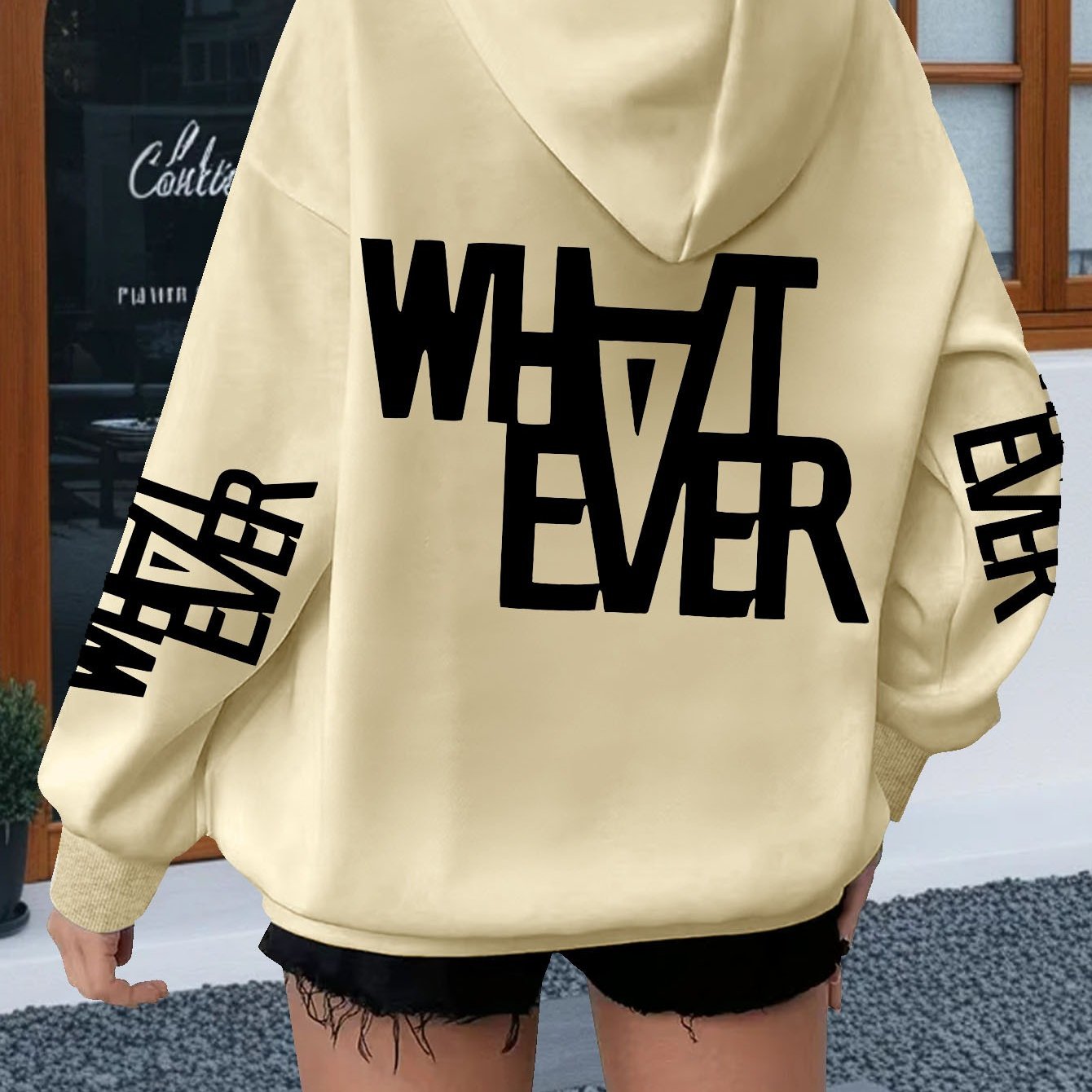 TEMU Plus Size - [whatever] Street Individual Casual English Slogan Printed Hoodie, Minimalist Thick Line Letter Breathable Daily Versatile Loose