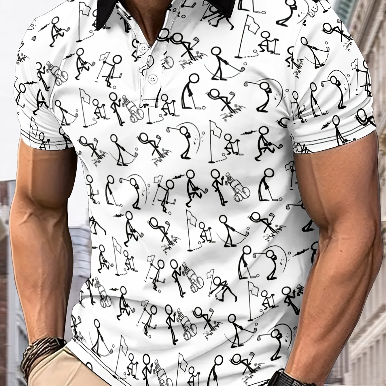 TEMU Men's Fashionable Geometric Pattern Printed Golf T-shirt, Summer Short Sleeve T-shirt, Men's Casual Fashion Top, Sports And Casual Wear