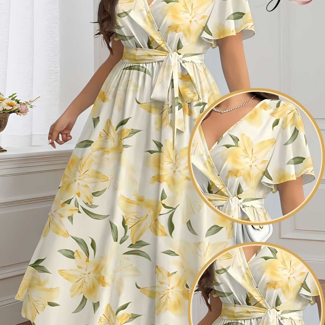 TEMU Plus Size, Plus Size Women's Summer Light Yellow Floral Print V-neck Cinched Waist Dress, Elegant Maxi Dress, Flattering And For Vacation,