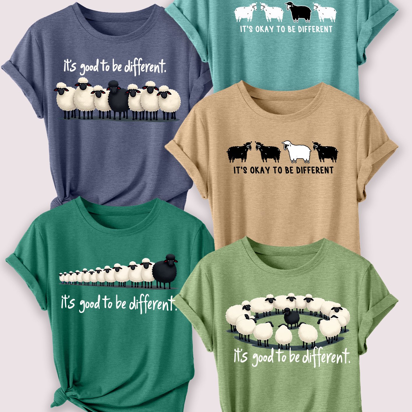 TEMU 5pcs Women's T-shirt Set With Black Sheep Theme, Retro Print, Summer Casual Elegant Short Sleeve Top, Round Neck, Soft And Breathable, Versatile