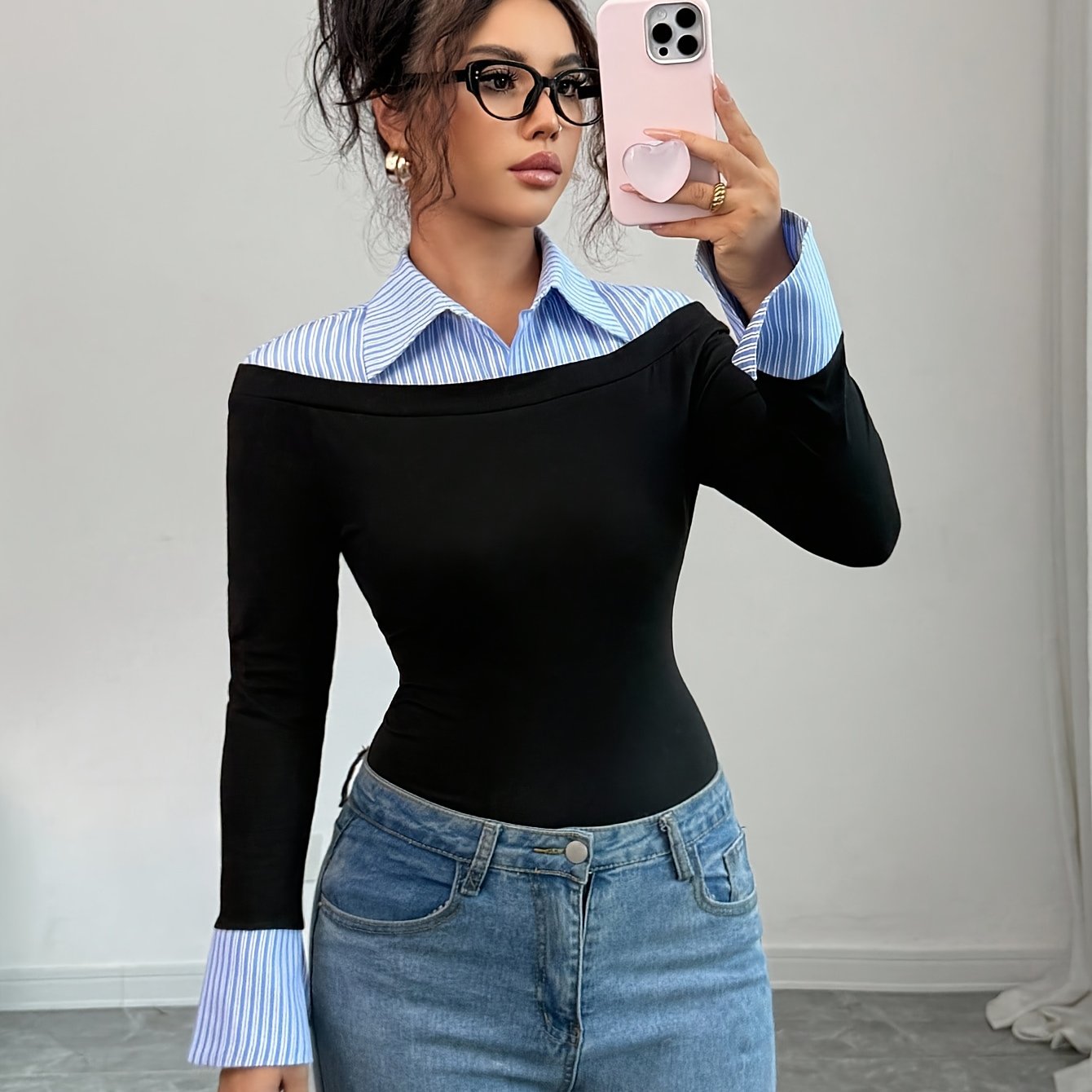 E-shop 2025 Herbst/Winter Slim-Fit Zwei-in-Eins Kragen Langarmhemd, Vintage Color Block Kragen Slim-Fit Langarm-T-Shirt, Elegantes Pendler Fitted