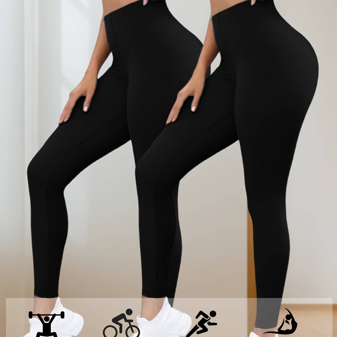 TEMU [2 pezzi] Leggings elasticizzati a vita da donna, abbigliamento casual, traspiranti, , pantaloni aderenti per ufficio e uso in